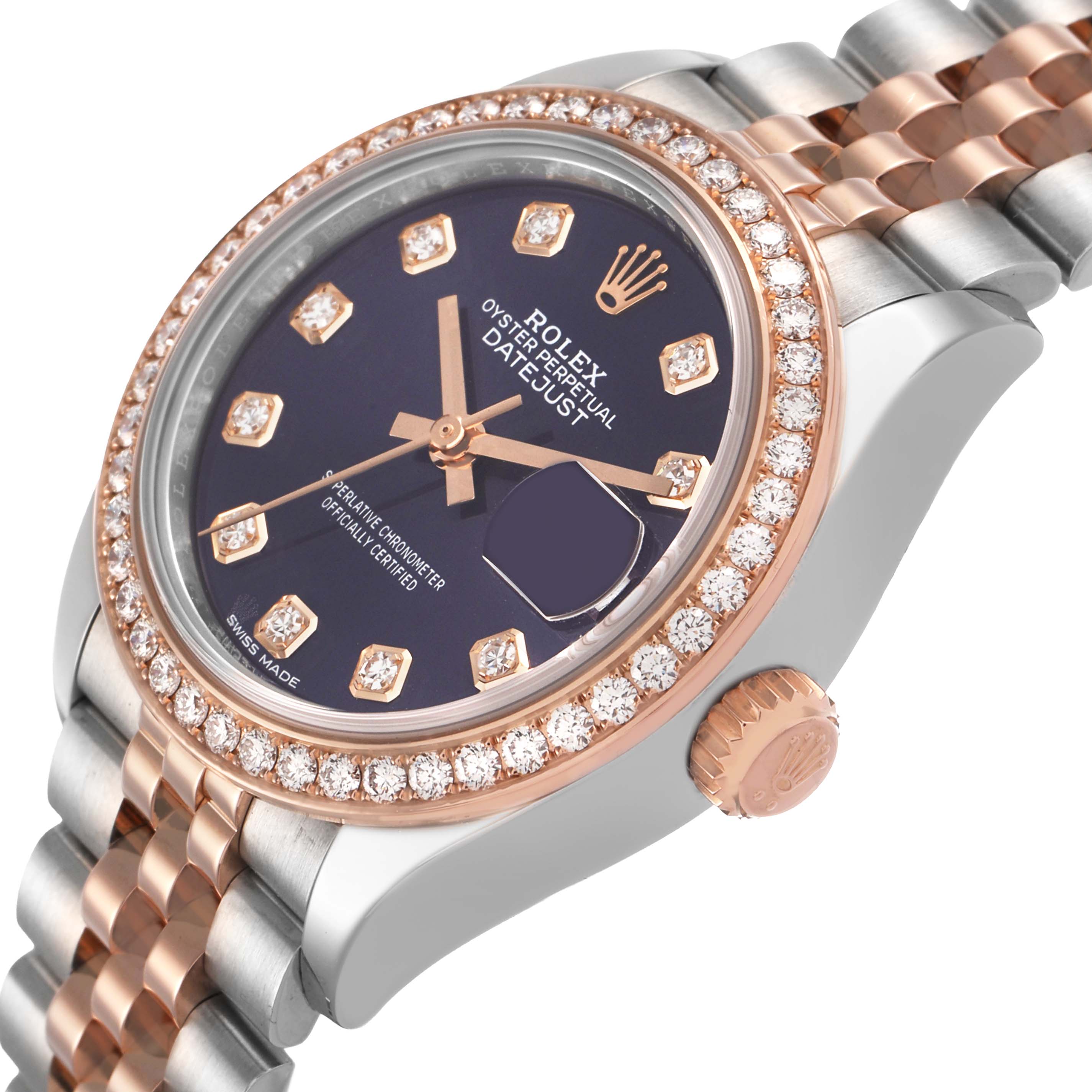 The Rolex Datejust 279381 Women's Steel and Gold (two tone) Purple Dial is shown from an angled side view, displaying the dial, bezel, crown, and part of the bracelet.