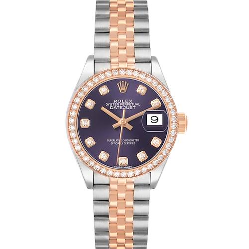 The Rolex Datejust 279381 Women's Steel and Gold (two tone) Purple Dial watch is shown from a front angle, displaying its dial, diamond-studded bezel, and two-tone bracelet.