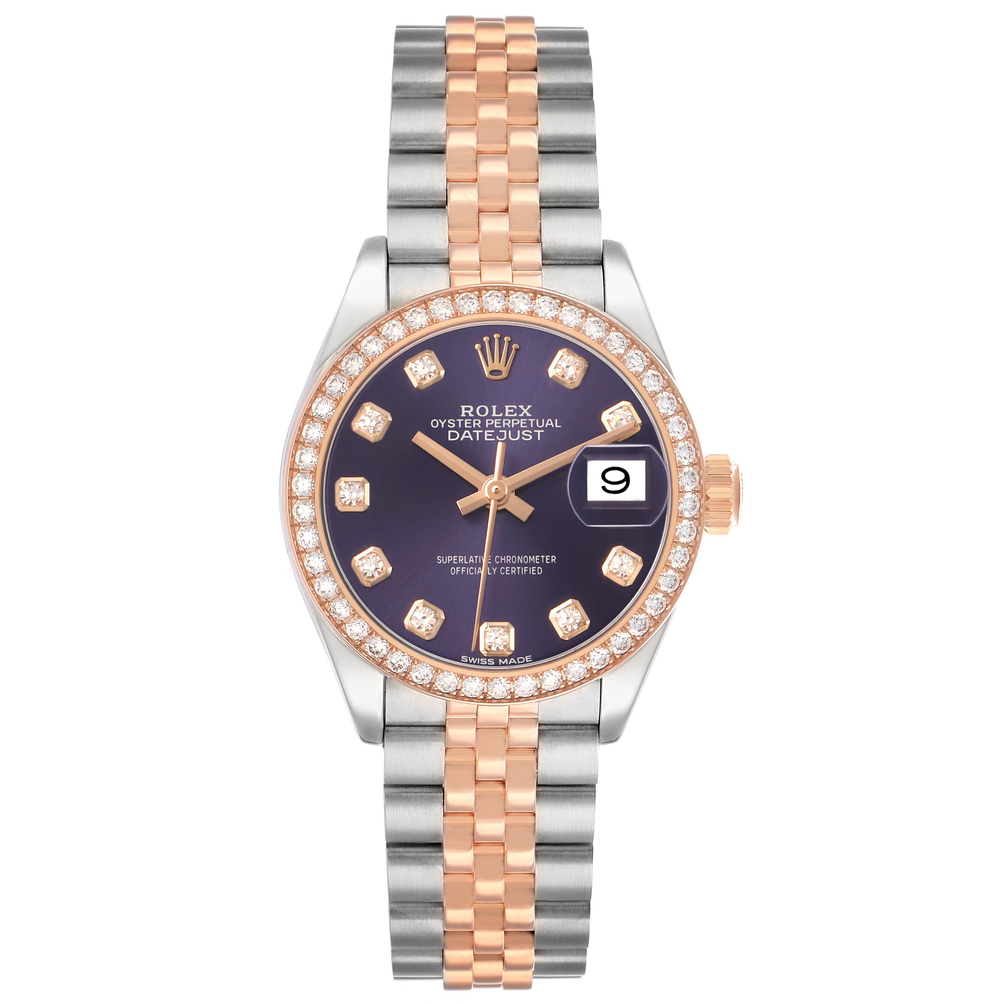 The Rolex Datejust 279381 Women's Steel and Gold (two tone) Purple Dial watch is shown from a top-down angle, featuring its dial, bezel, crown, and two-tone bracelet.