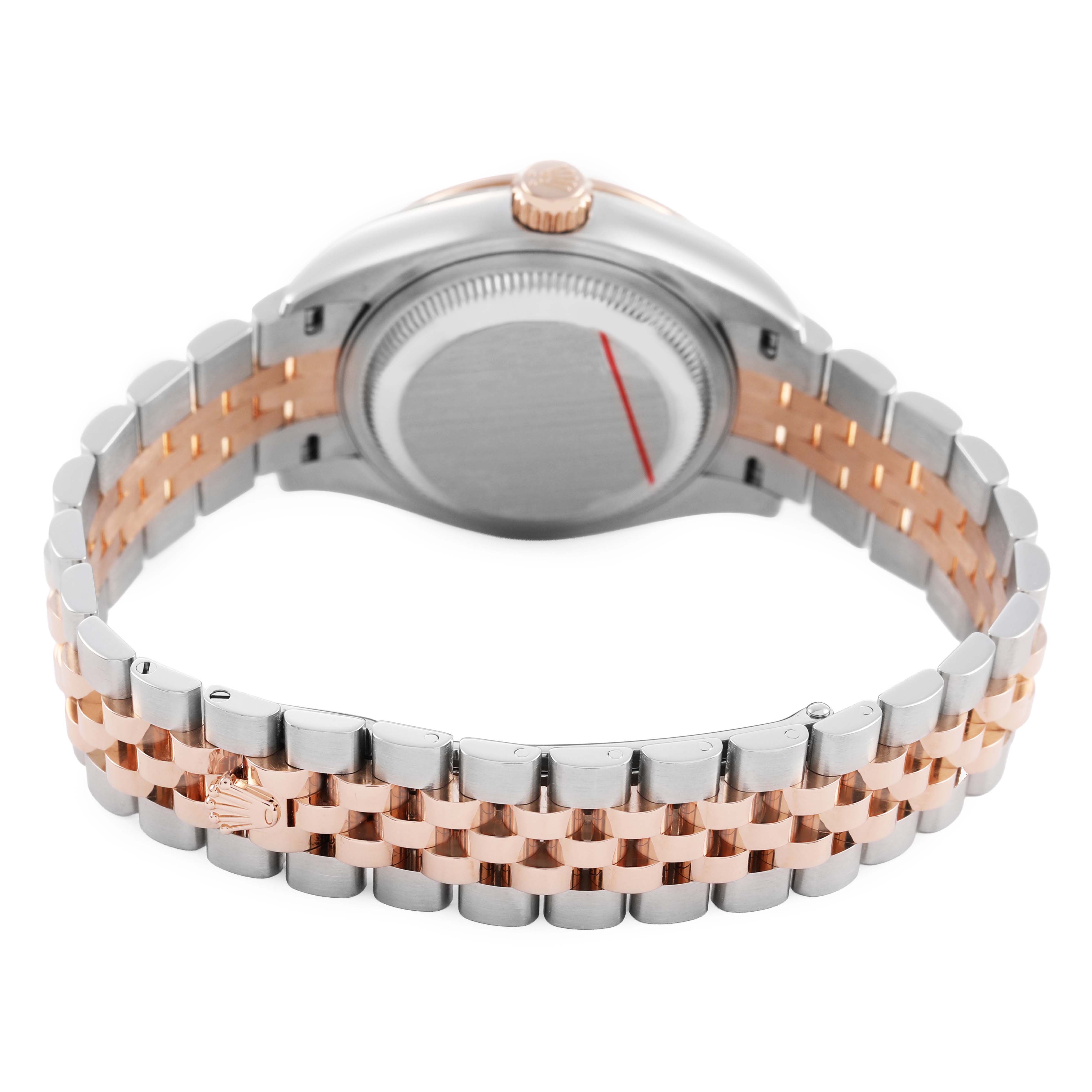 The image shows the Rolex Datejust 279381 Women's Steel and Gold (two tone) Purple Dial's case back and jubilee bracelet, viewed from a rear angle highlighting the two-tone links.