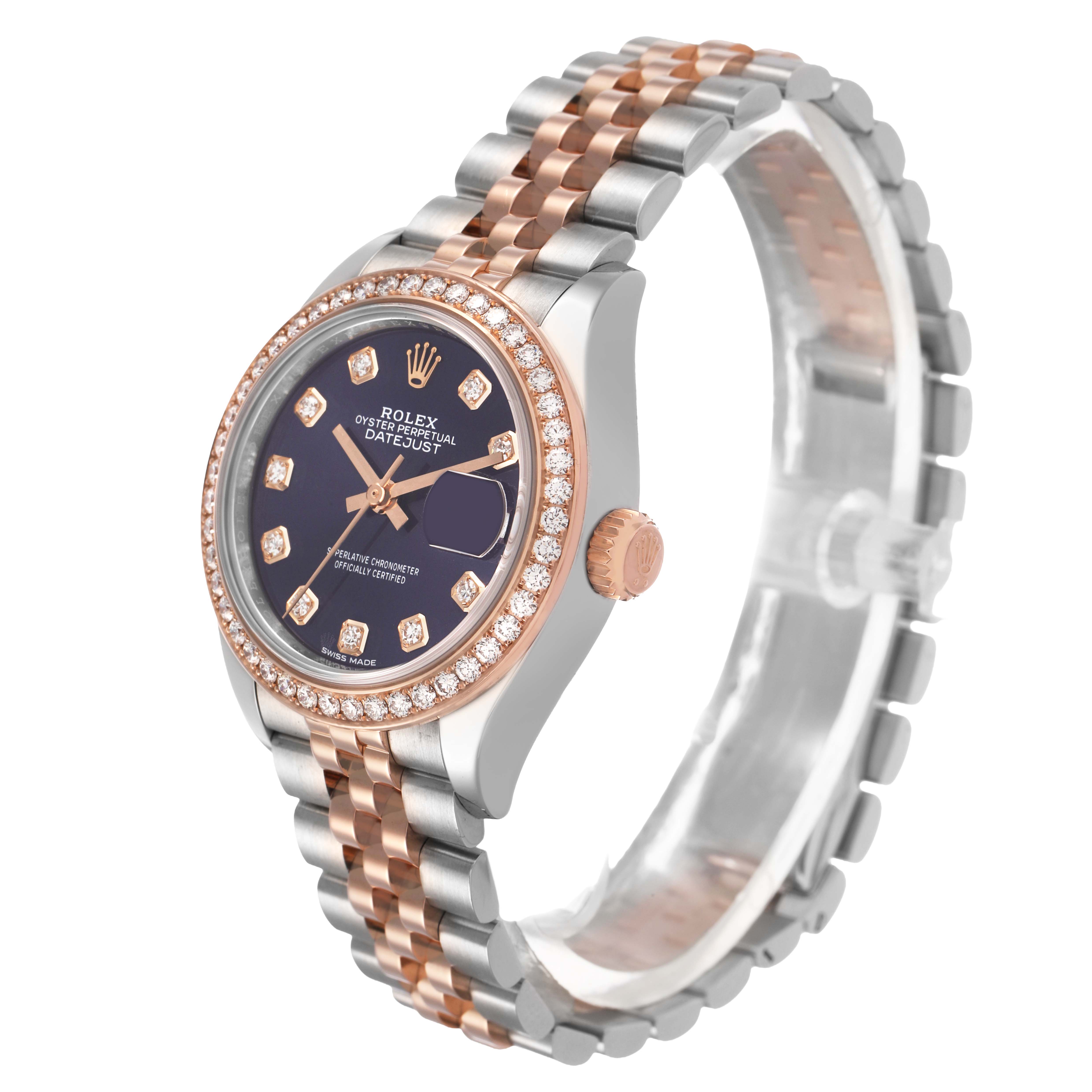 The Rolex Datejust 279381 Women's Steel and Gold (two tone) Purple Dial watch is shown at a three-quarter angle, highlighting the dial, bezel, crown, and bracelet.