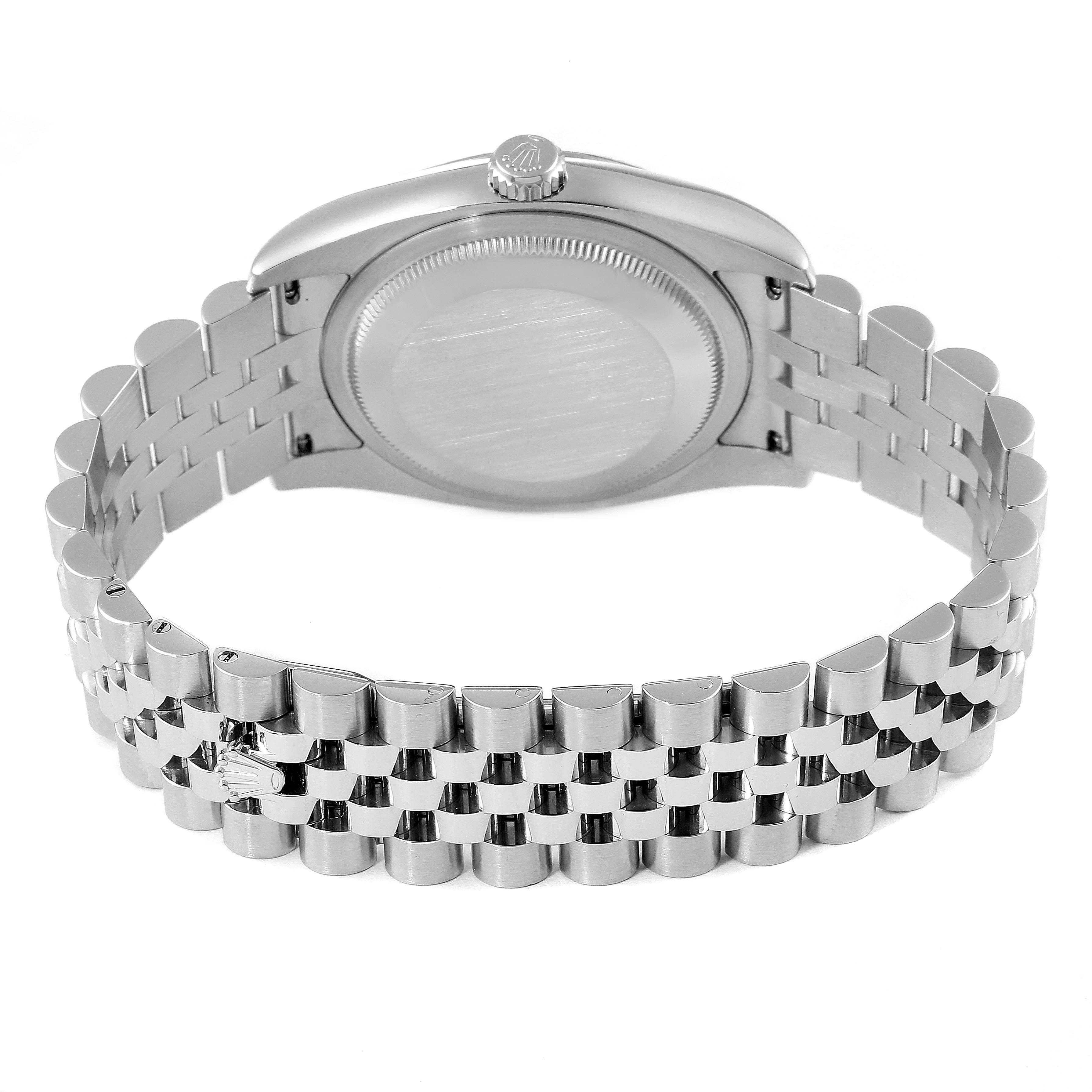 This image shows the back case and bracelet of the Rolex Datejust 116234 Men's Stainless Steel Silver Dial 116234 Men's Stainless Steel Silver Dial watch at a slight angle from behind.