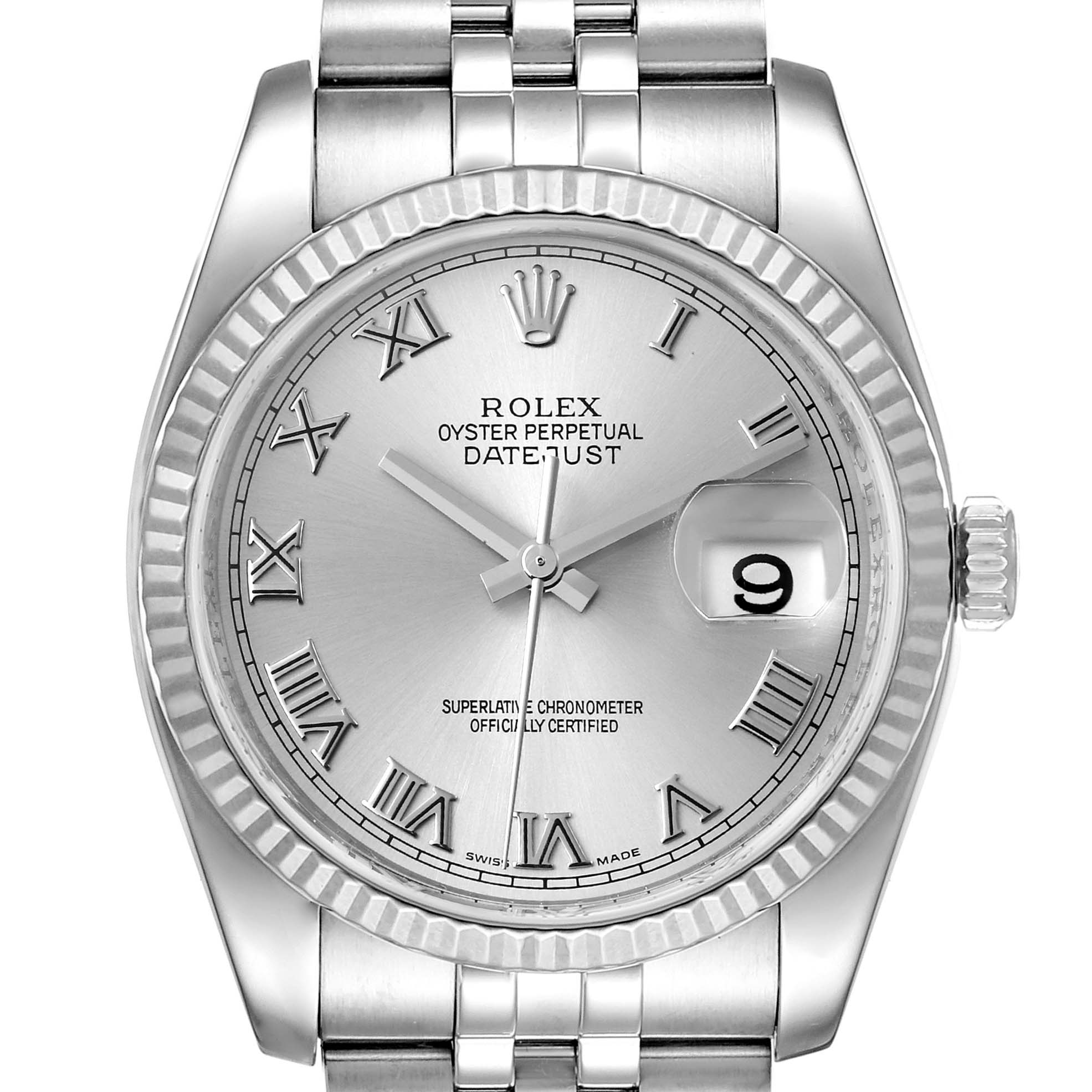The image shows a front-facing view of a Rolex Datejust 116234 Men's Stainless Steel Silver Dial 116234 Men's Stainless Steel Silver Dial watch, highlighting its dial, bezel, and part of the bracelet.