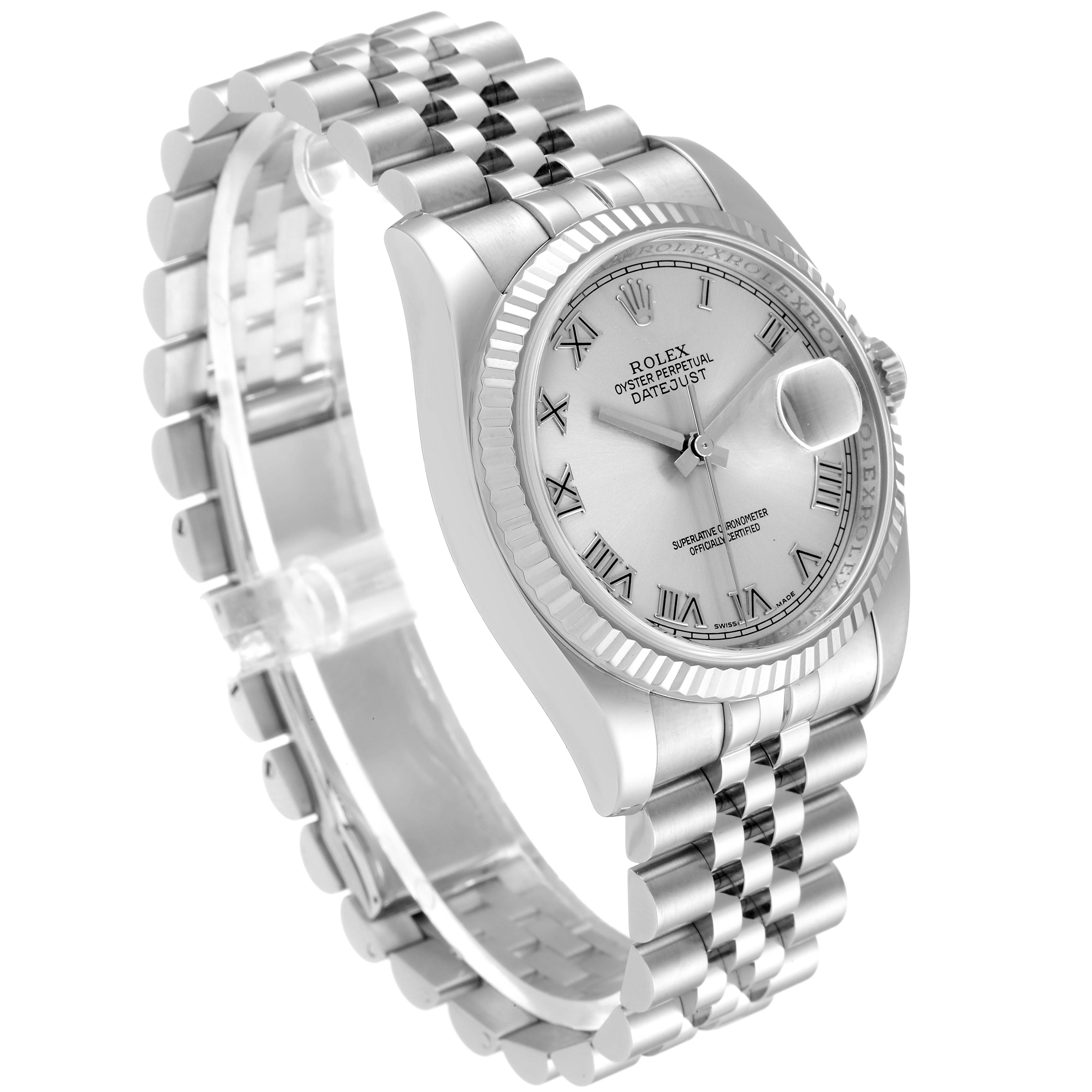 This image showcases a Rolex Datejust 116234 Men's Stainless Steel Silver Dial 116234 Men's Stainless Steel Silver Dial watch at a slight angle, highlighting its face, bracelet, and fluted bezel.