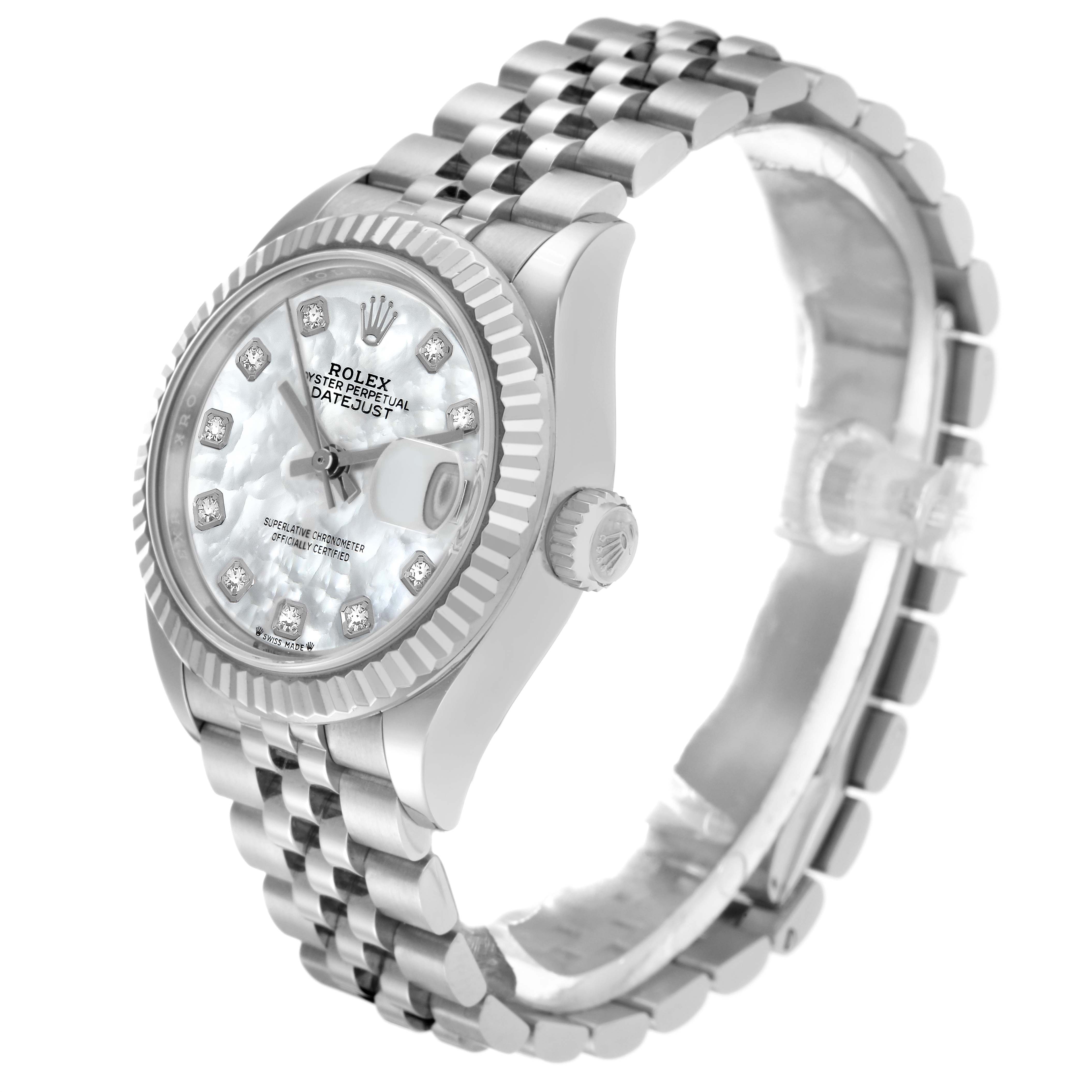 The Rolex Datejust 279174 Women
s Stainless Steel Mother of Pearl Dial 279174 Women
s Stainless Steel Mother of Pearl Dial watch is shown at a side angle, highlighting the dial, bezel, crown, and Jubilee bracelet.