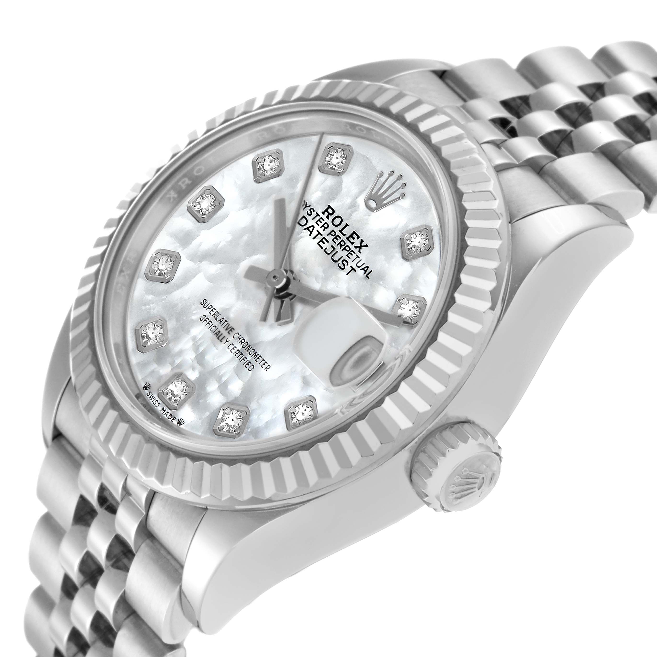 The Rolex Datejust 279174 Women
s Stainless Steel Mother of Pearl Dial 279174 Women
s Stainless Steel Mother of Pearl Dial is shown at a three-quarter angle, displaying its dial, bezel, crown, and part of the bracelet.
