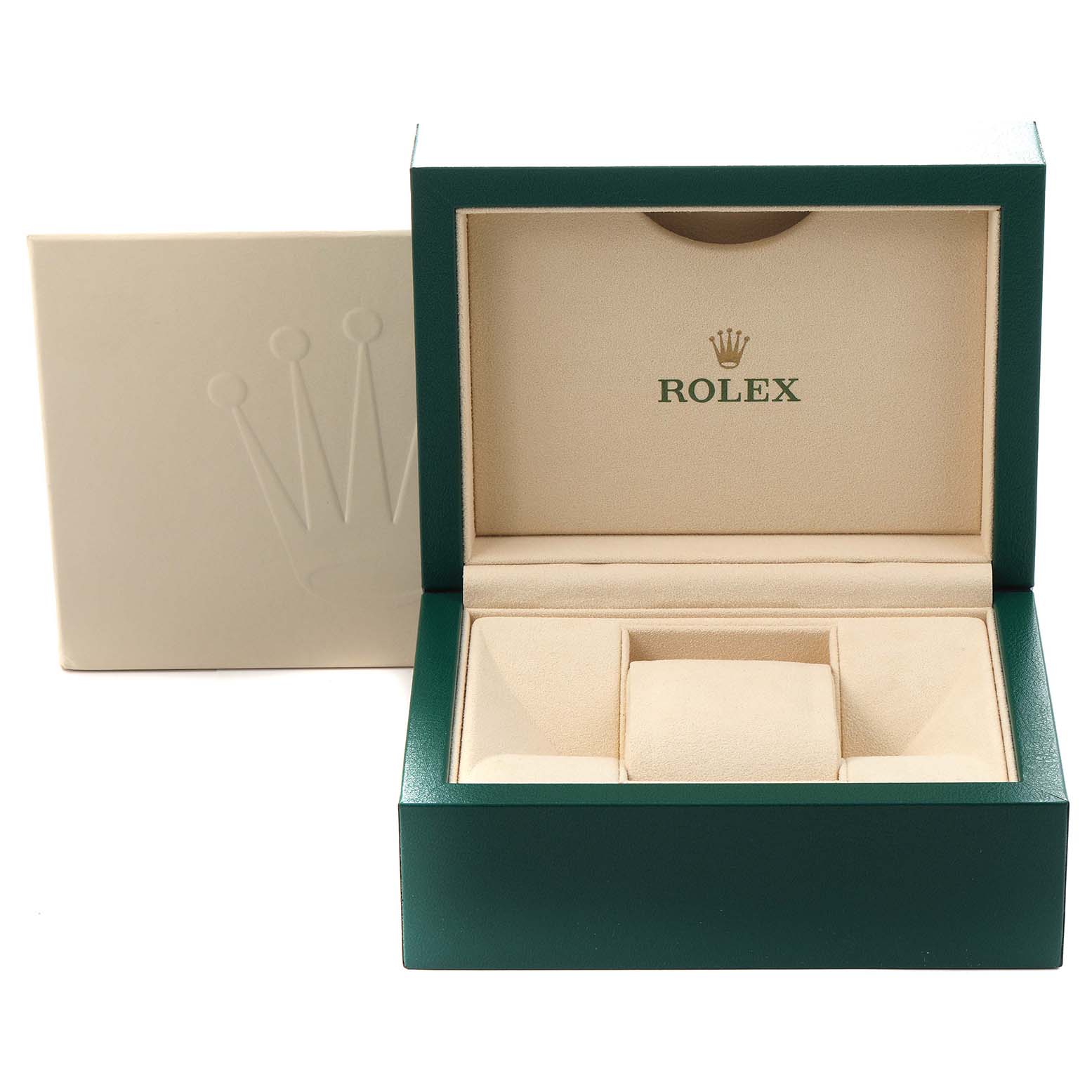 The image shows an open Rolex Datejust 279174 Women
s Stainless Steel Mother of Pearl Dial 279174 Women
s Stainless Steel Mother of Pearl Dial watch box, displaying its interior compartments and branding.
