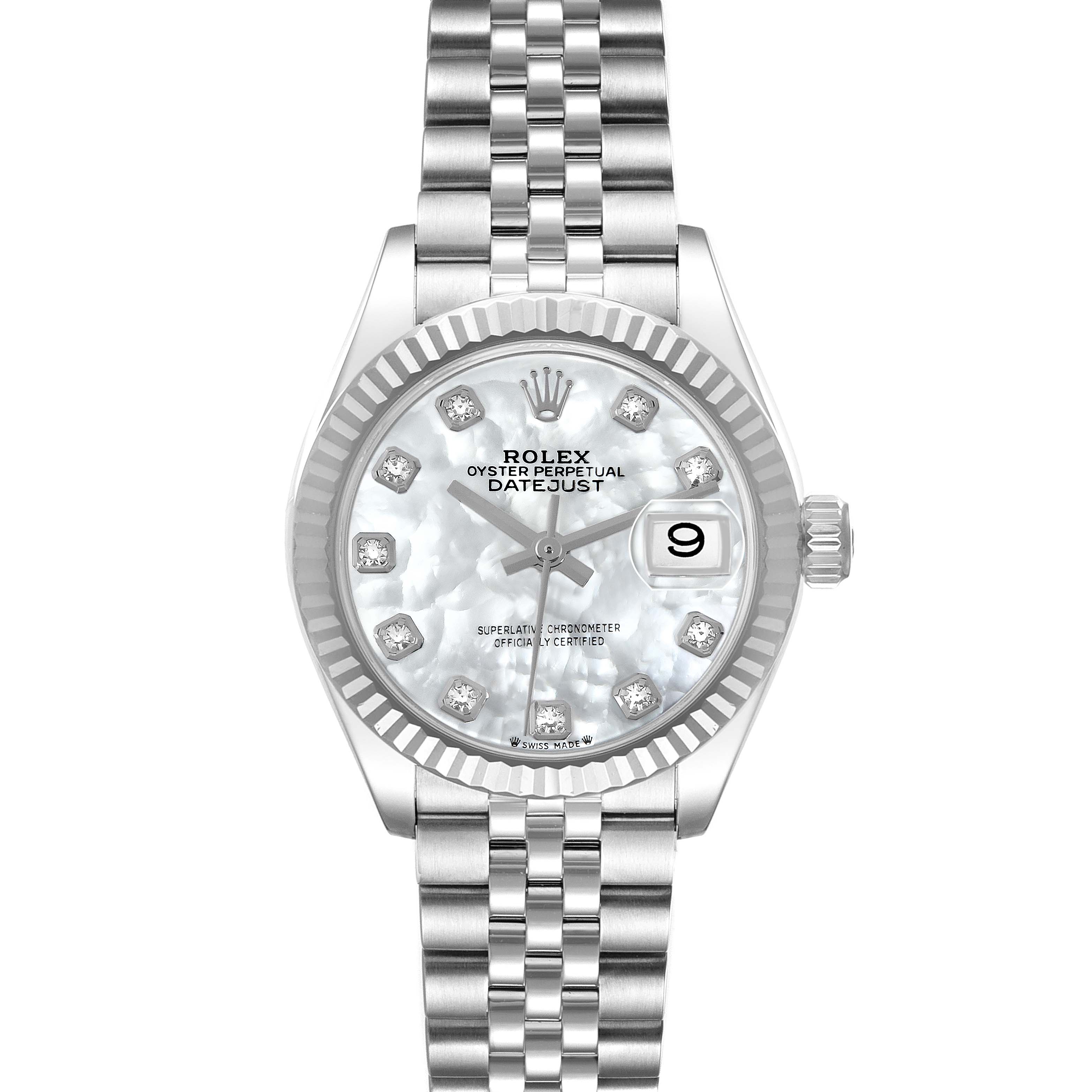 The Rolex Datejust 279174 Women
s Stainless Steel Mother of Pearl Dial 279174 Women
s Stainless Steel Mother of Pearl Dial watch is shown from a front angle, displaying its dial, fluted bezel, and Jubilee bracelet.