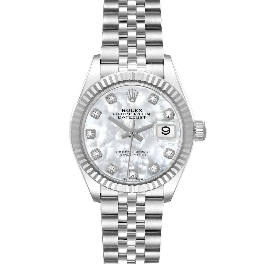 The Rolex Datejust watch is shown from a front angle, displaying its dial, fluted bezel, and Jubilee bracelet.