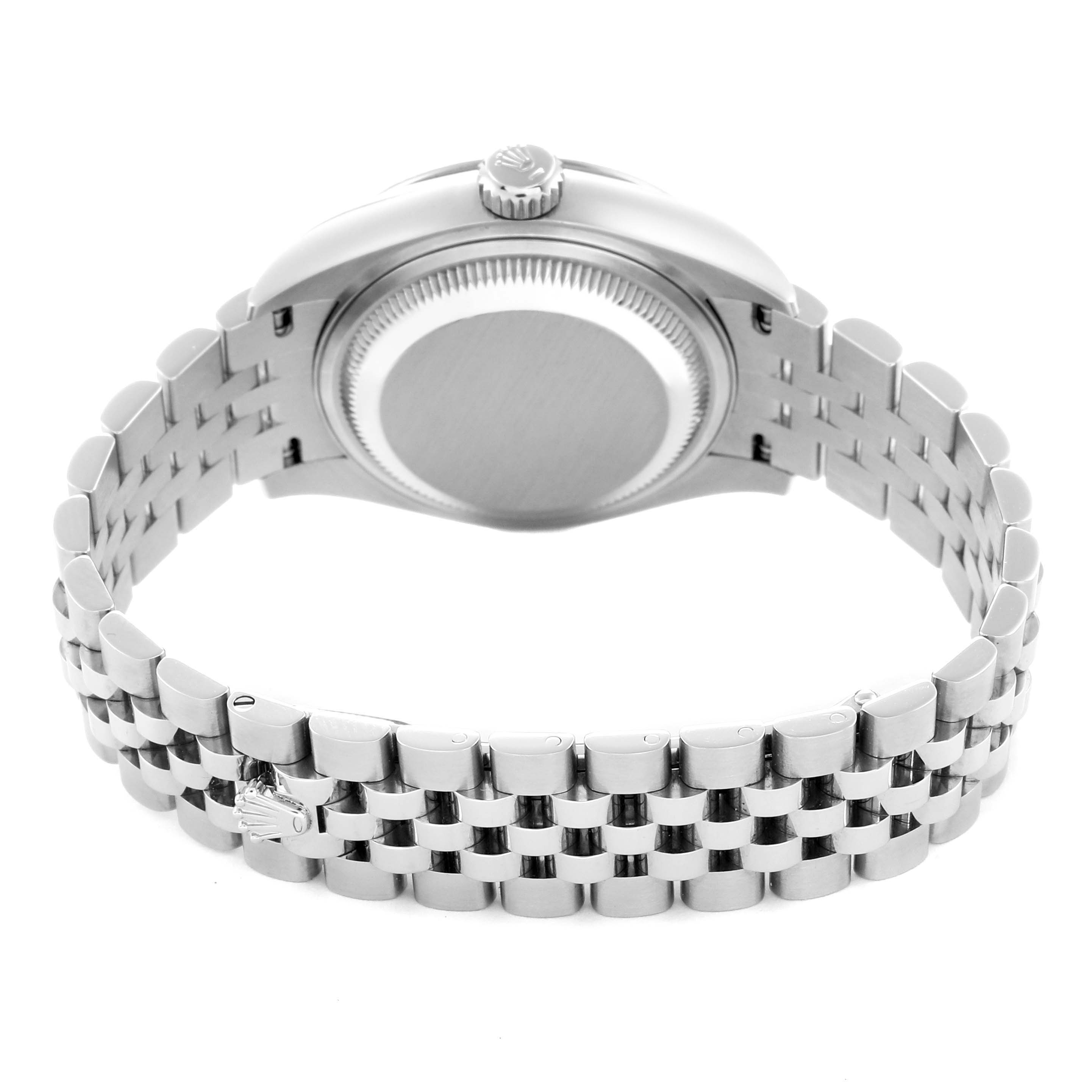 The image shows the back view of a Rolex Datejust 279174 Women
s Stainless Steel Mother of Pearl Dial 279174 Women
s Stainless Steel Mother of Pearl Dial, highlighting the case back, crown, and Jubilee bracelet.