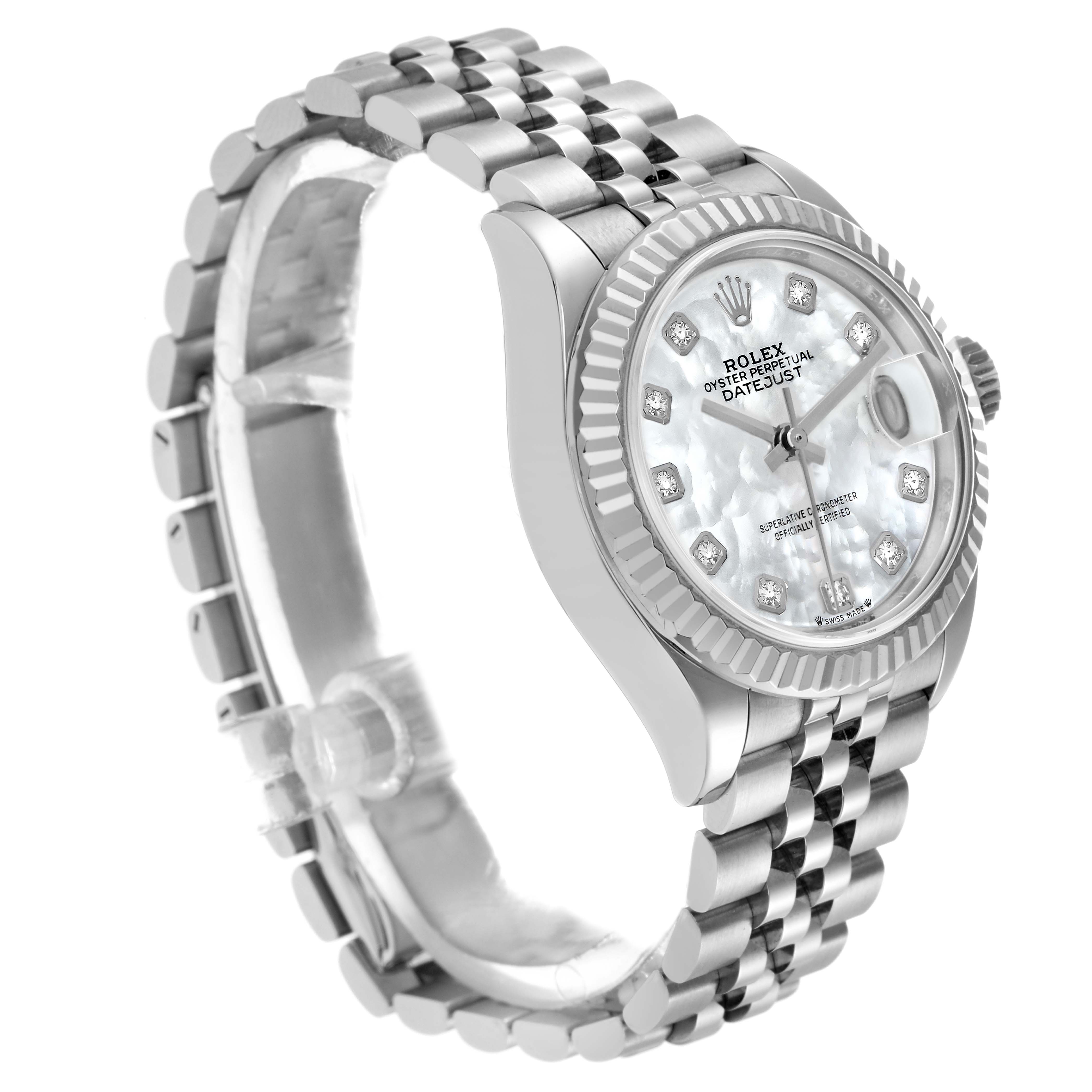 The Rolex Datejust 279174 Women
s Stainless Steel Mother of Pearl Dial 279174 Women
s Stainless Steel Mother of Pearl Dial watch is shown at an angle highlighting the dial, bezel, and bracelet.