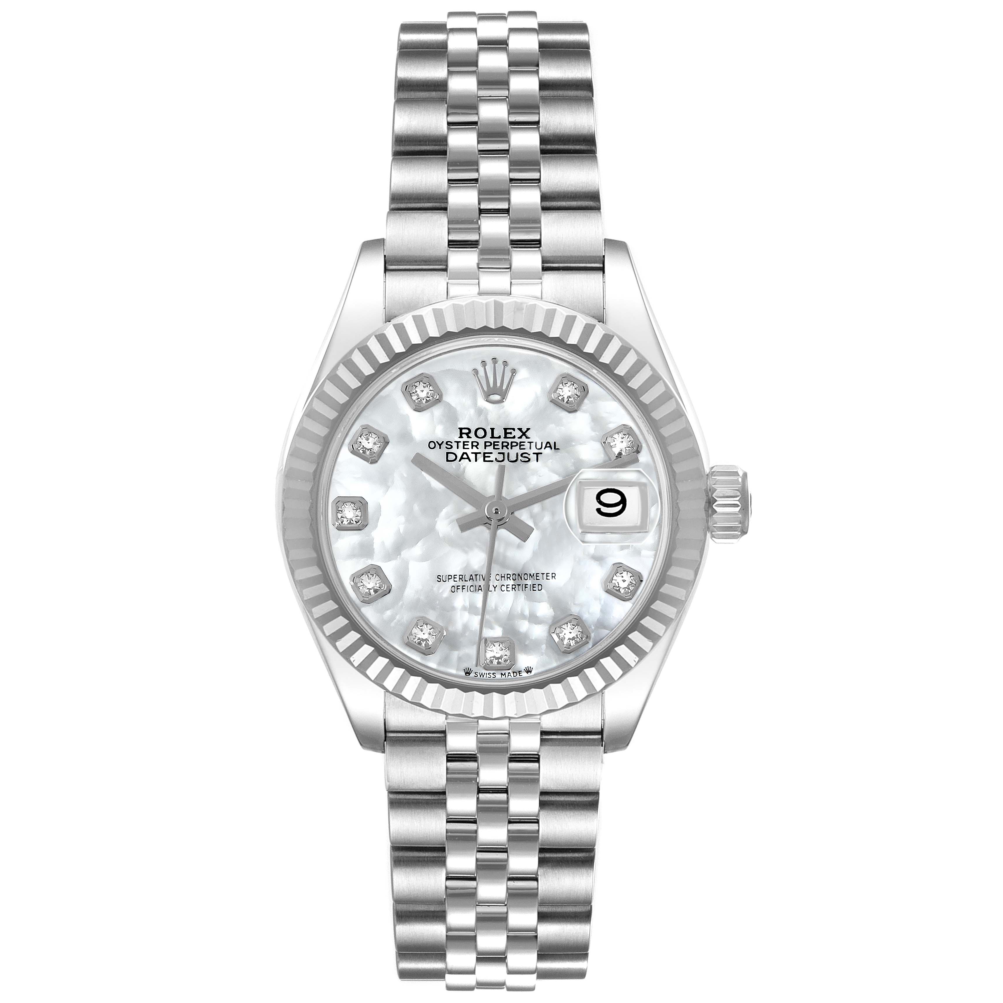 The Rolex Datejust 279174 Women
s Stainless Steel Mother of Pearl Dial 279174 Women
s Stainless Steel Mother of Pearl Dial watch is shown from a front view, highlighting its dial, bracelet, bezel, and crown.