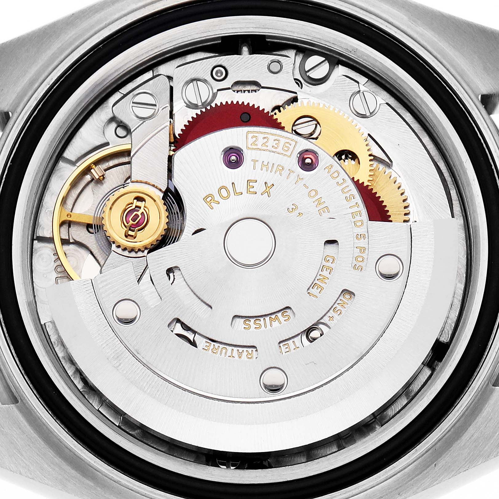 The image shows the movement of a Rolex Datejust 279174 Women
s Stainless Steel Mother of Pearl Dial 279174 Women
s Stainless Steel Mother of Pearl Dial watch from a back angle, highlighting gears and the rotor.