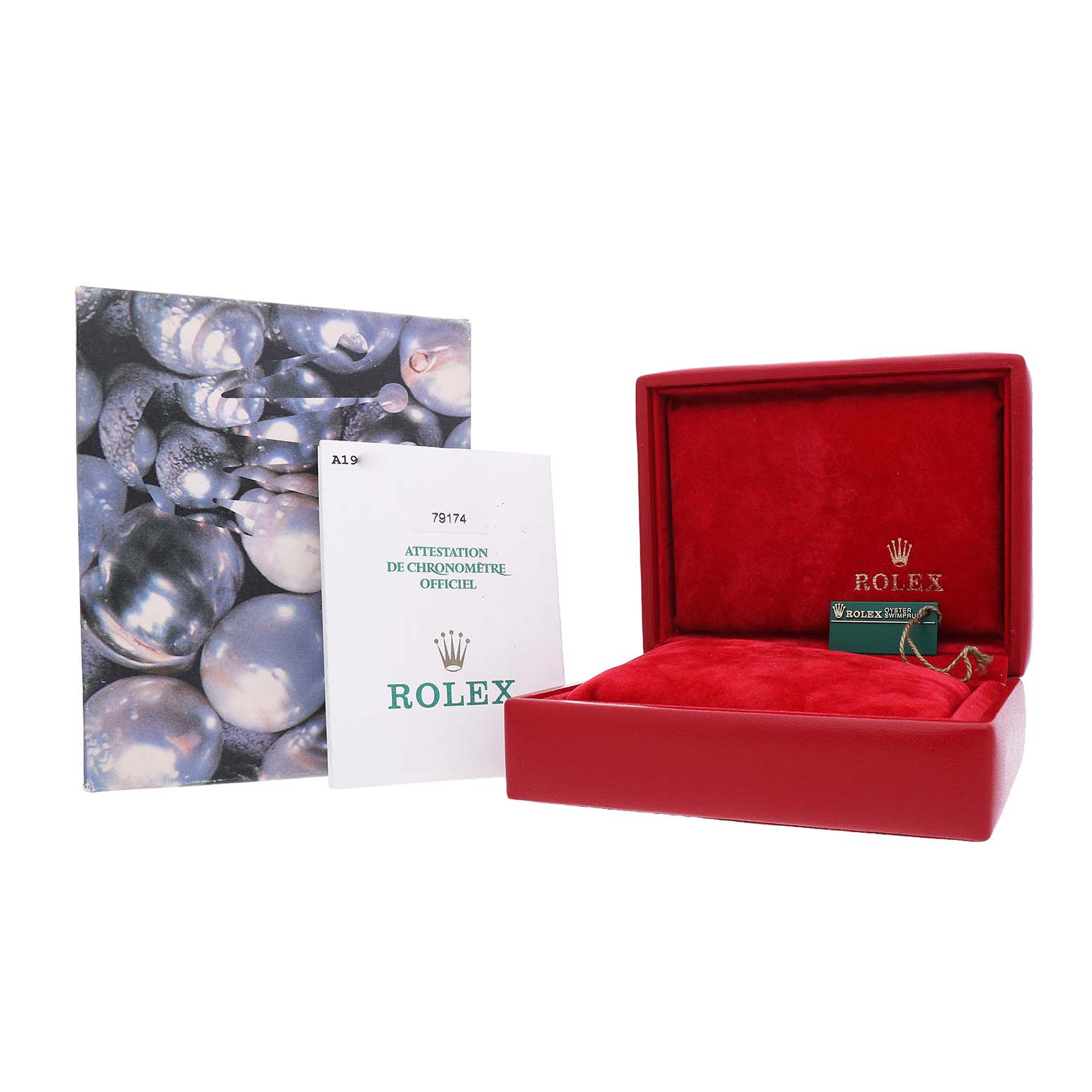 The image shows a Rolex Datejust 79174 Women's Stainless Steel Pink Dial box, warranty card, and certificate from a front angle.