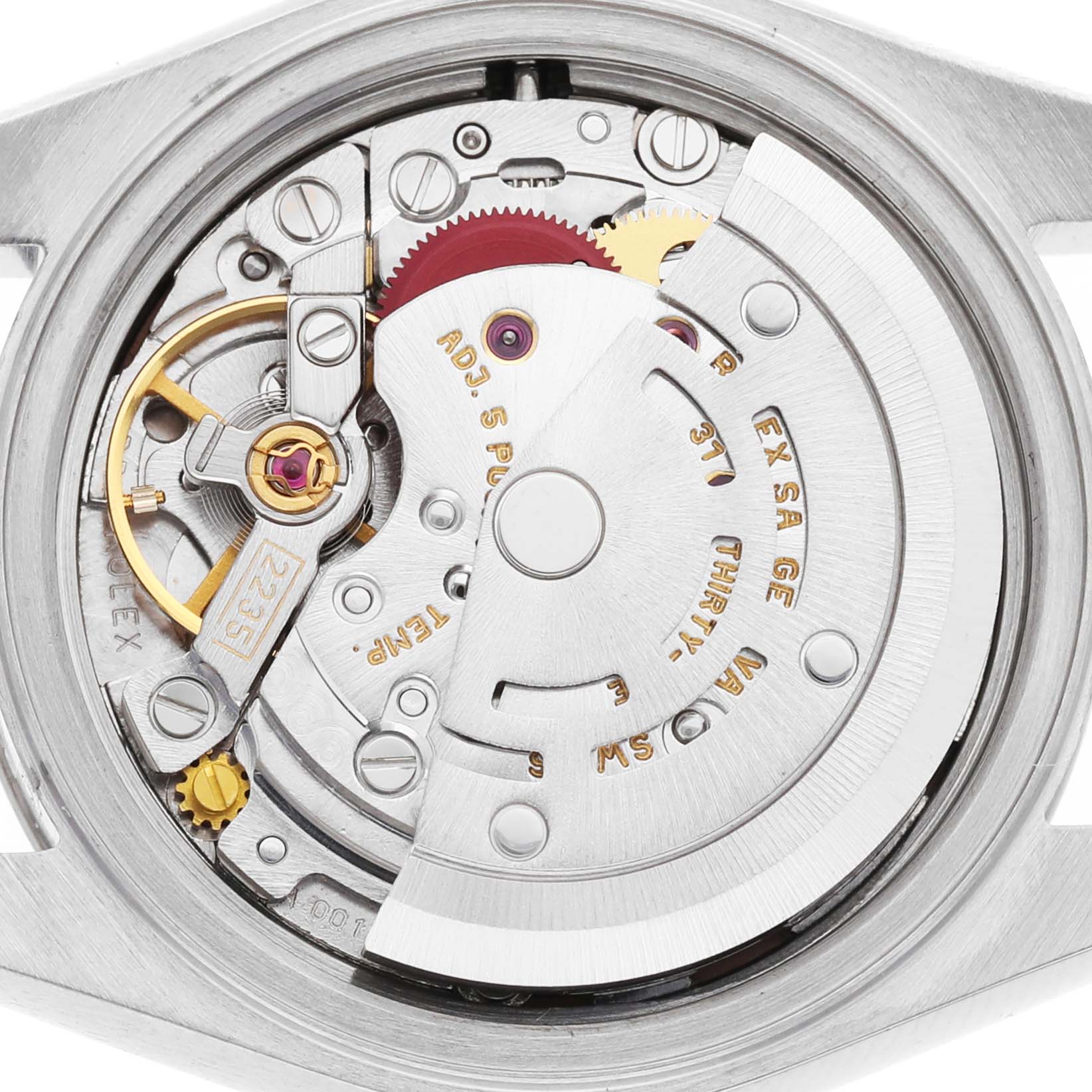 The image shows a view of the movement from the back of the Rolex Datejust 79174 Women's Stainless Steel Pink Dial, highlighting the rotor and intricate components.