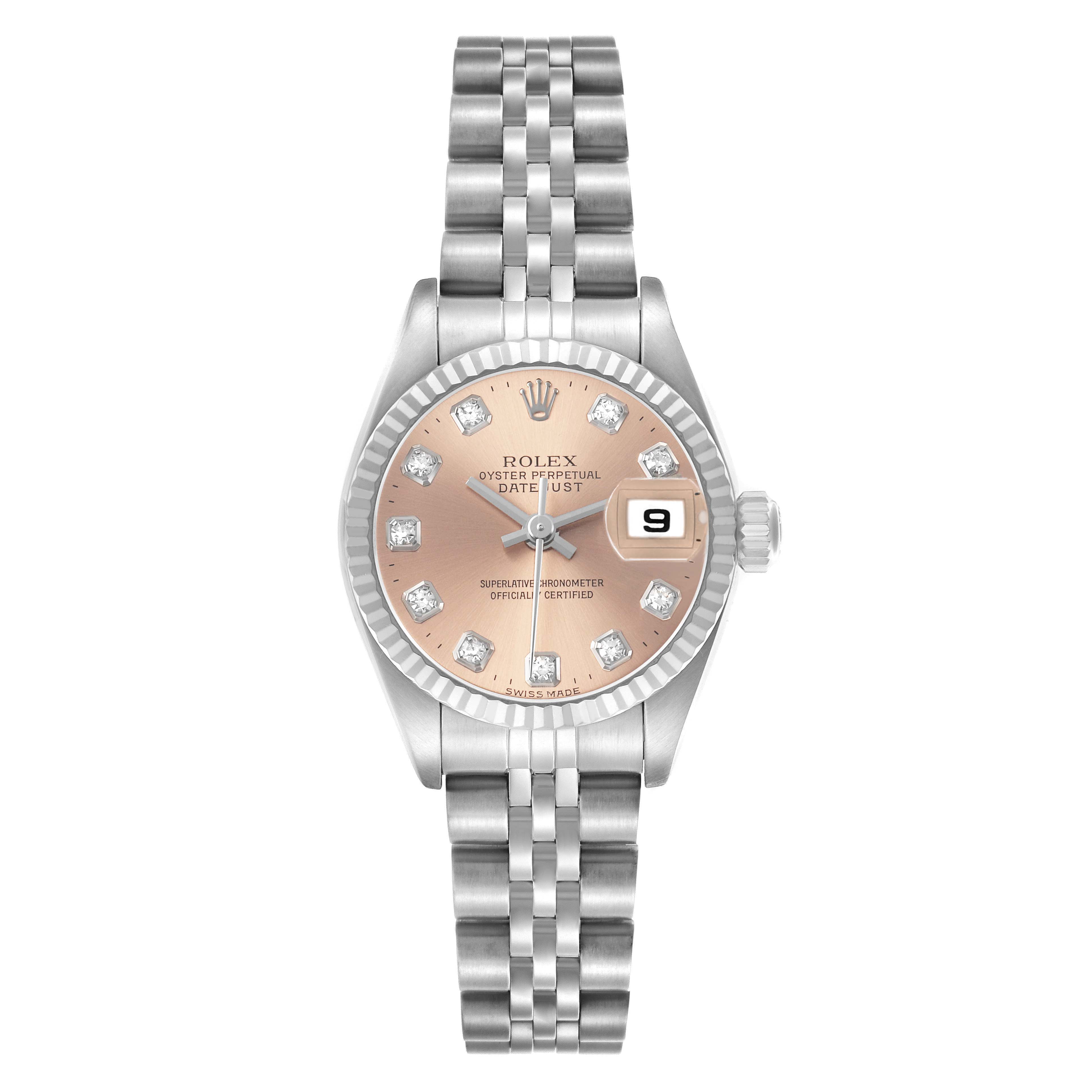 The Rolex Datejust 79174 Women's Stainless Steel Pink Dial watch is shown from a front angle, highlighting the dial, jubilee bracelet, and date window.