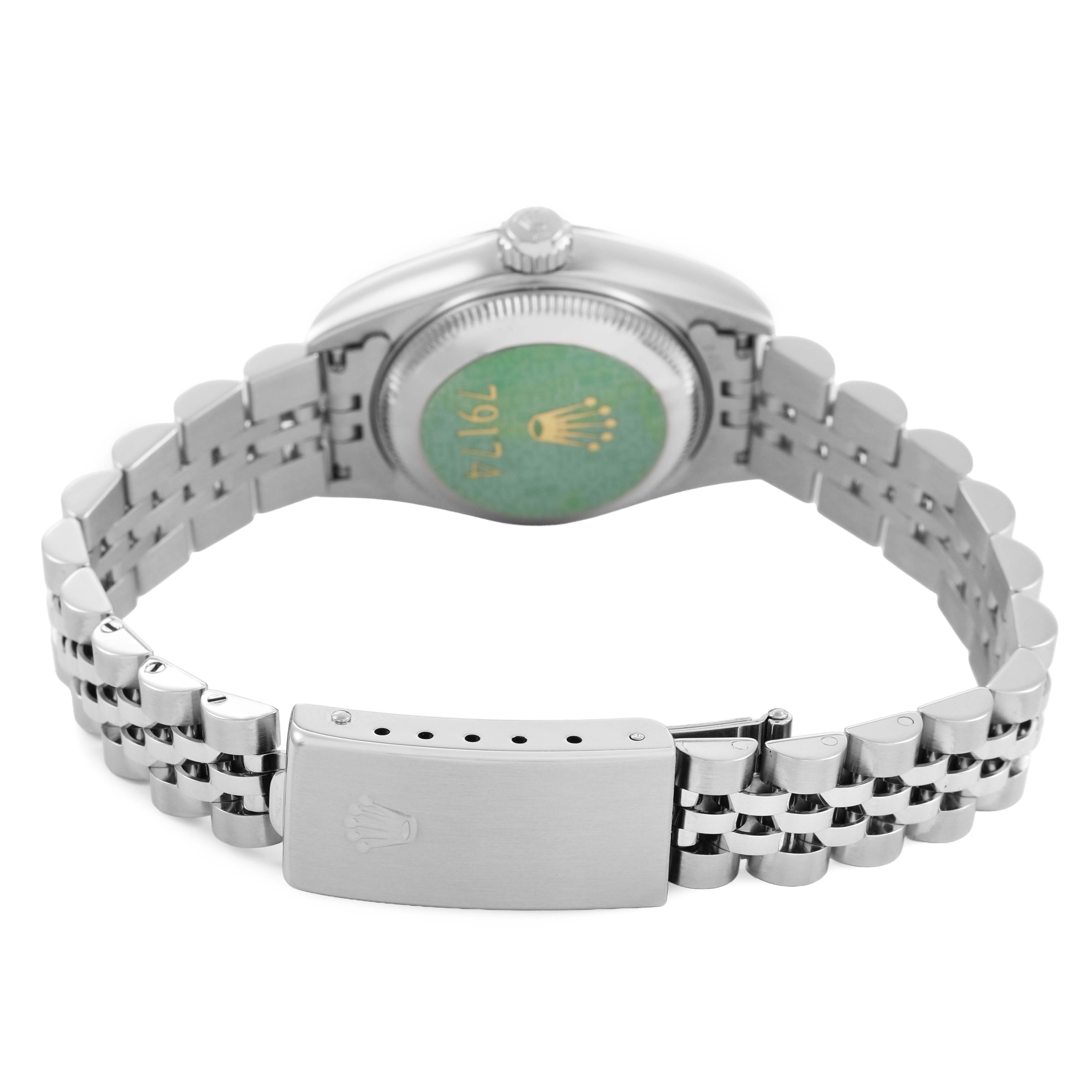 The image shows the back and bracelet of a Rolex Datejust 79174 Women's Stainless Steel Pink Dial watch, highlighting the clasp and case back.