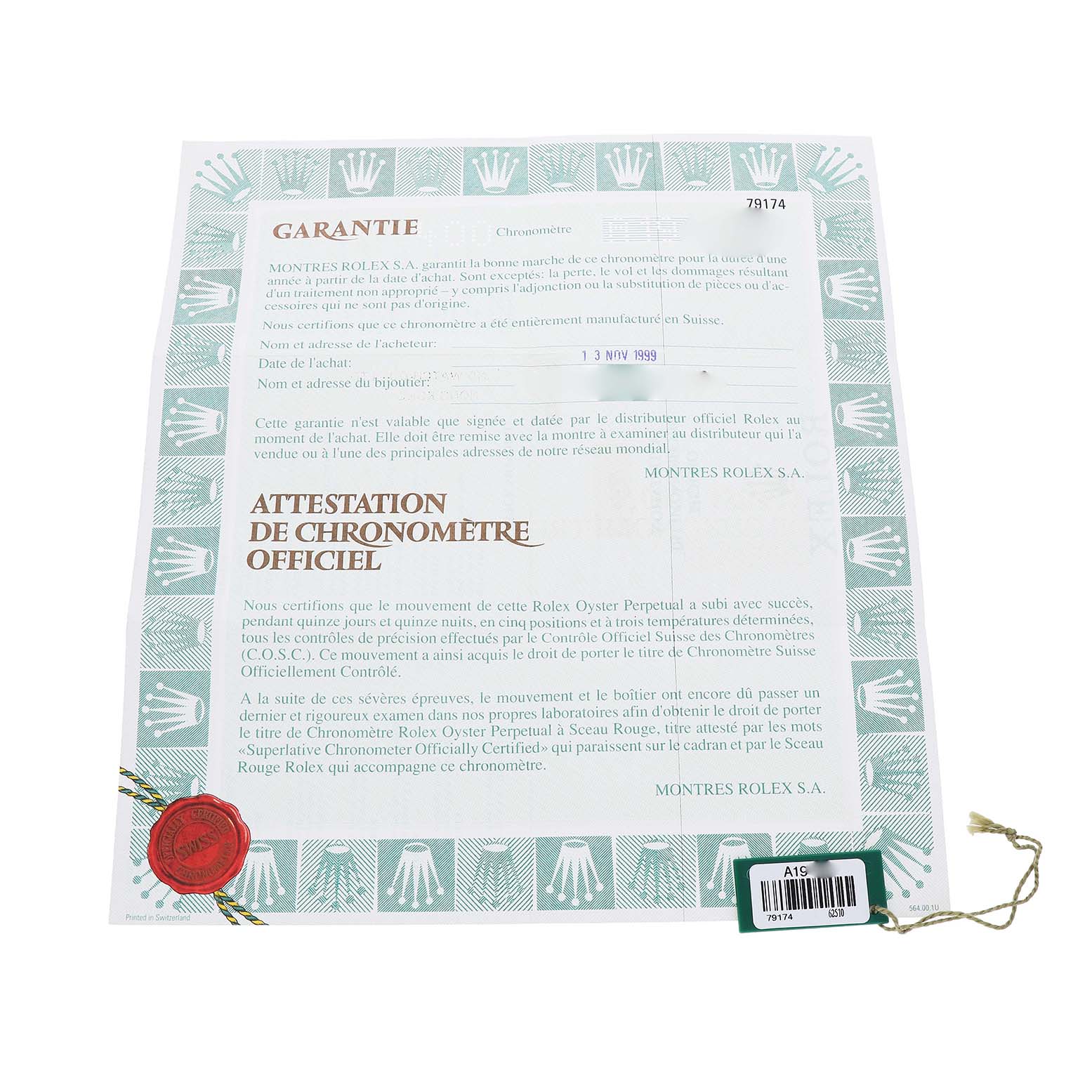 The image shows a guarantee certificate for a Rolex Datejust 79174 Women's Stainless Steel Pink Dial, with a visible red seal and green tag.