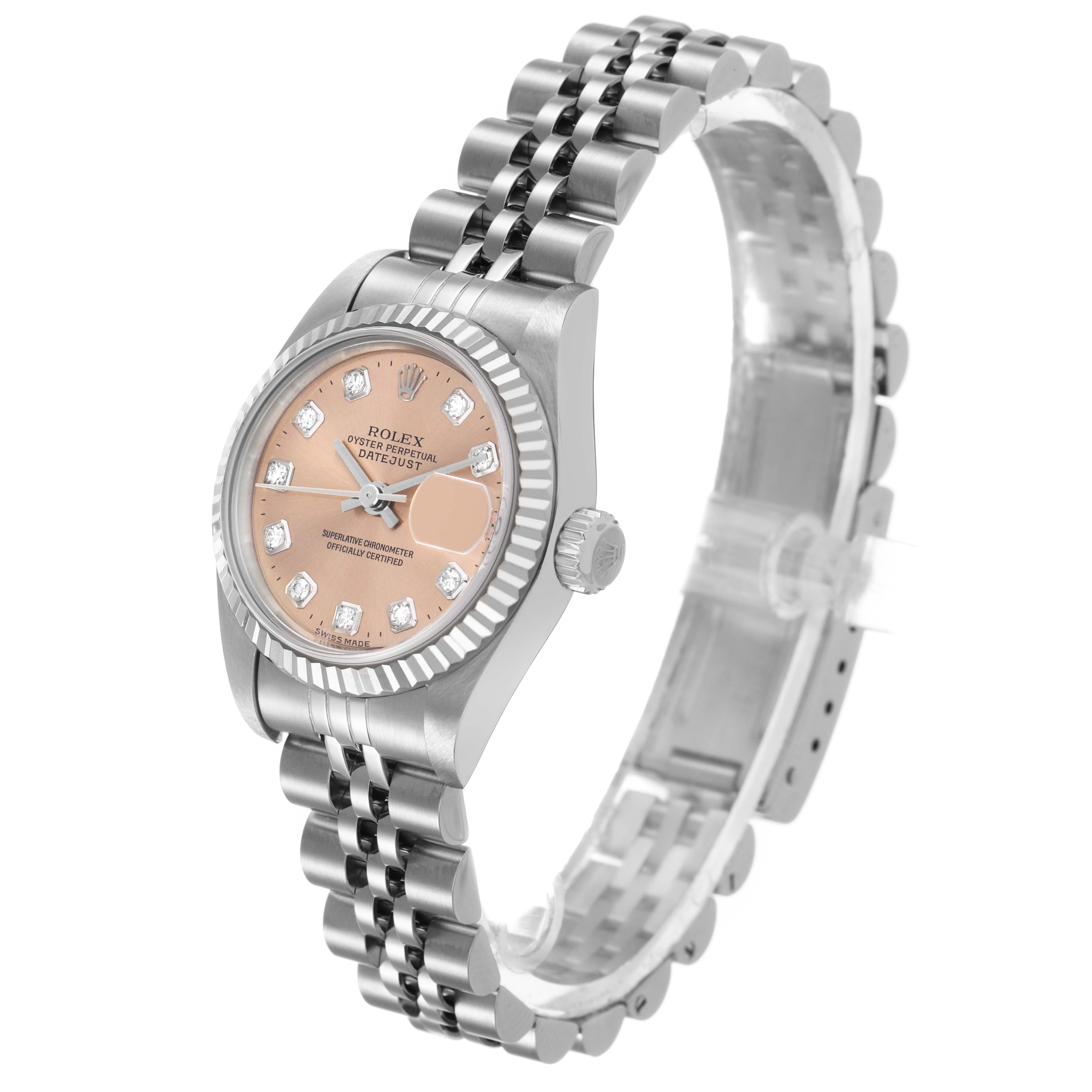 The Rolex Datejust 79174 Women's Stainless Steel Pink Dial watch is shown at a slight angle, highlighting the dial, bezel, crown, and bracelet.