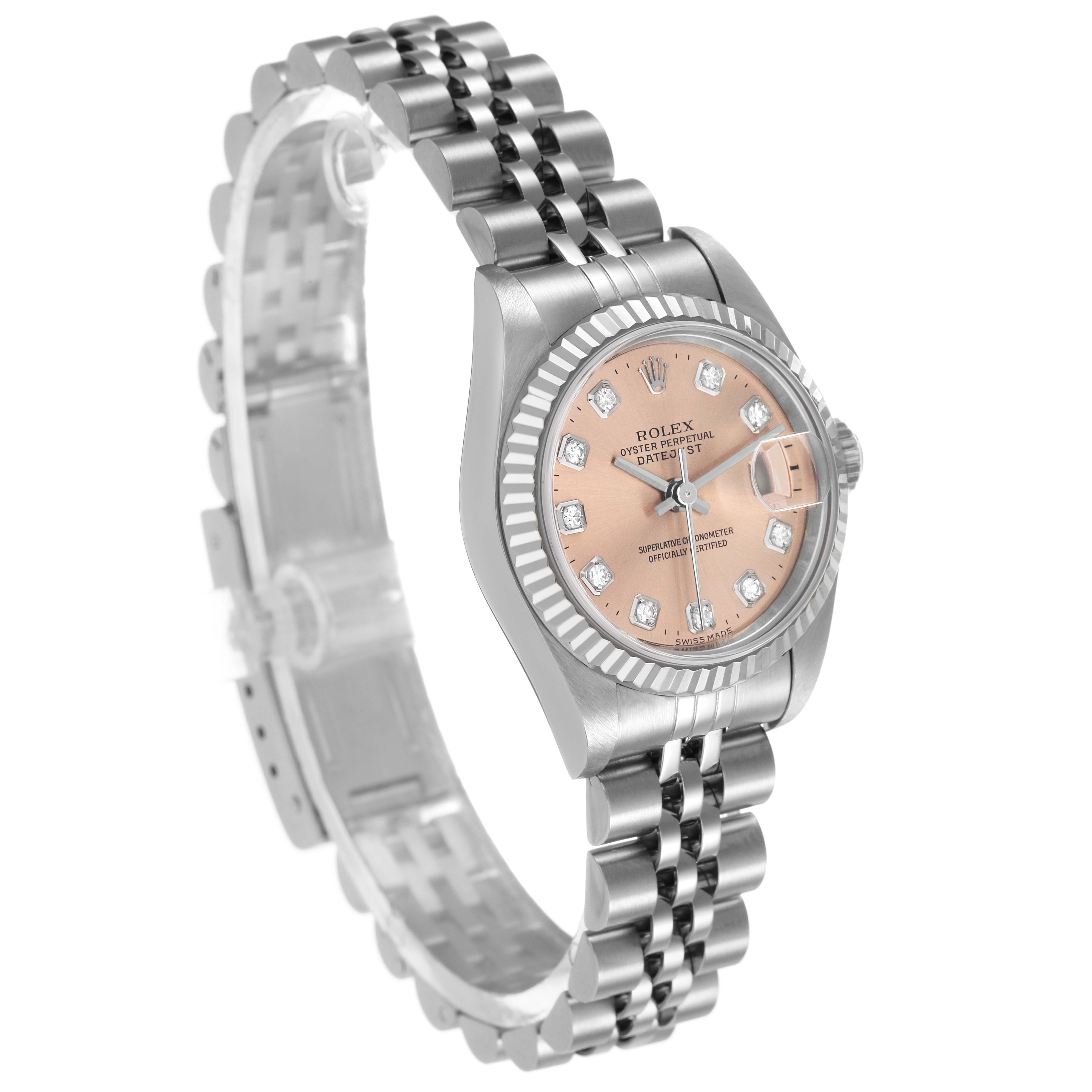 This Rolex Datejust 79174 Women's Stainless Steel Pink Dial watch is shown at a three-quarter angle, highlighting the dial, bezel, and bracelet.