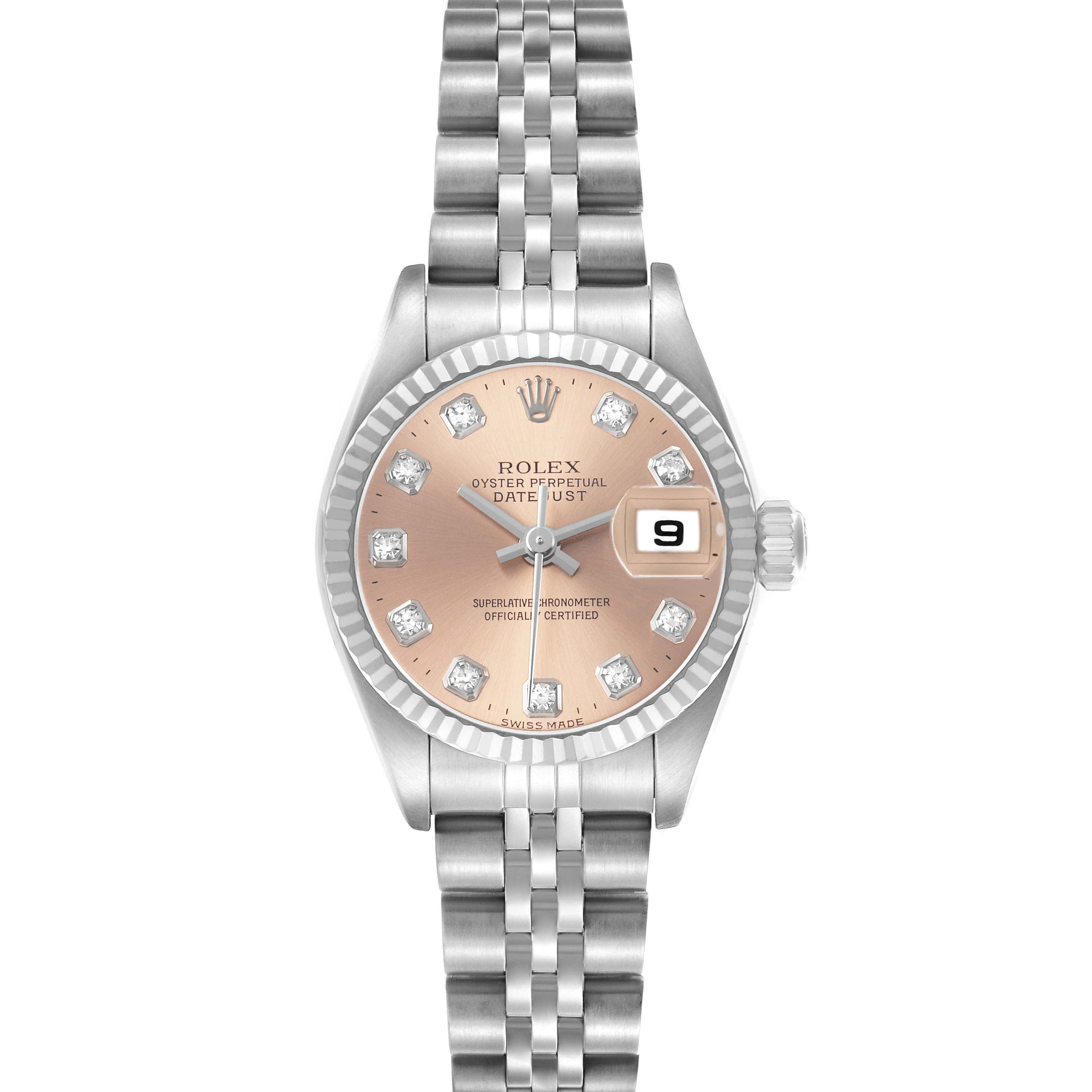 The Rolex Datejust 79174 Women's Stainless Steel Pink Dial watch is shown from a top angle, highlighting its face, bezel, and bracelet.