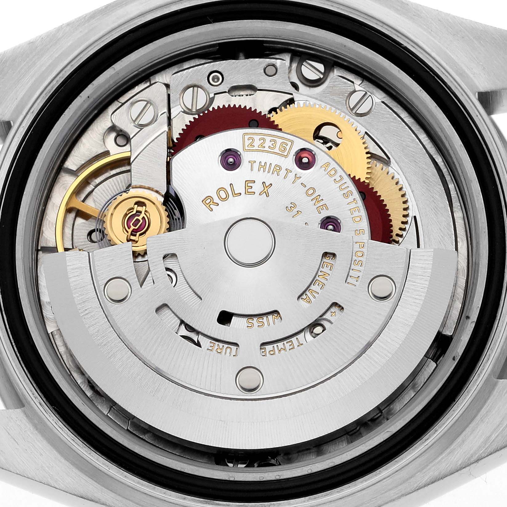 This image shows a close-up view of the inner movement mechanism of a Rolex Datejust 279384RBR Women's Stainless Steel Silver Dial 279384RBR Women's Stainless Steel Silver Dial watch.