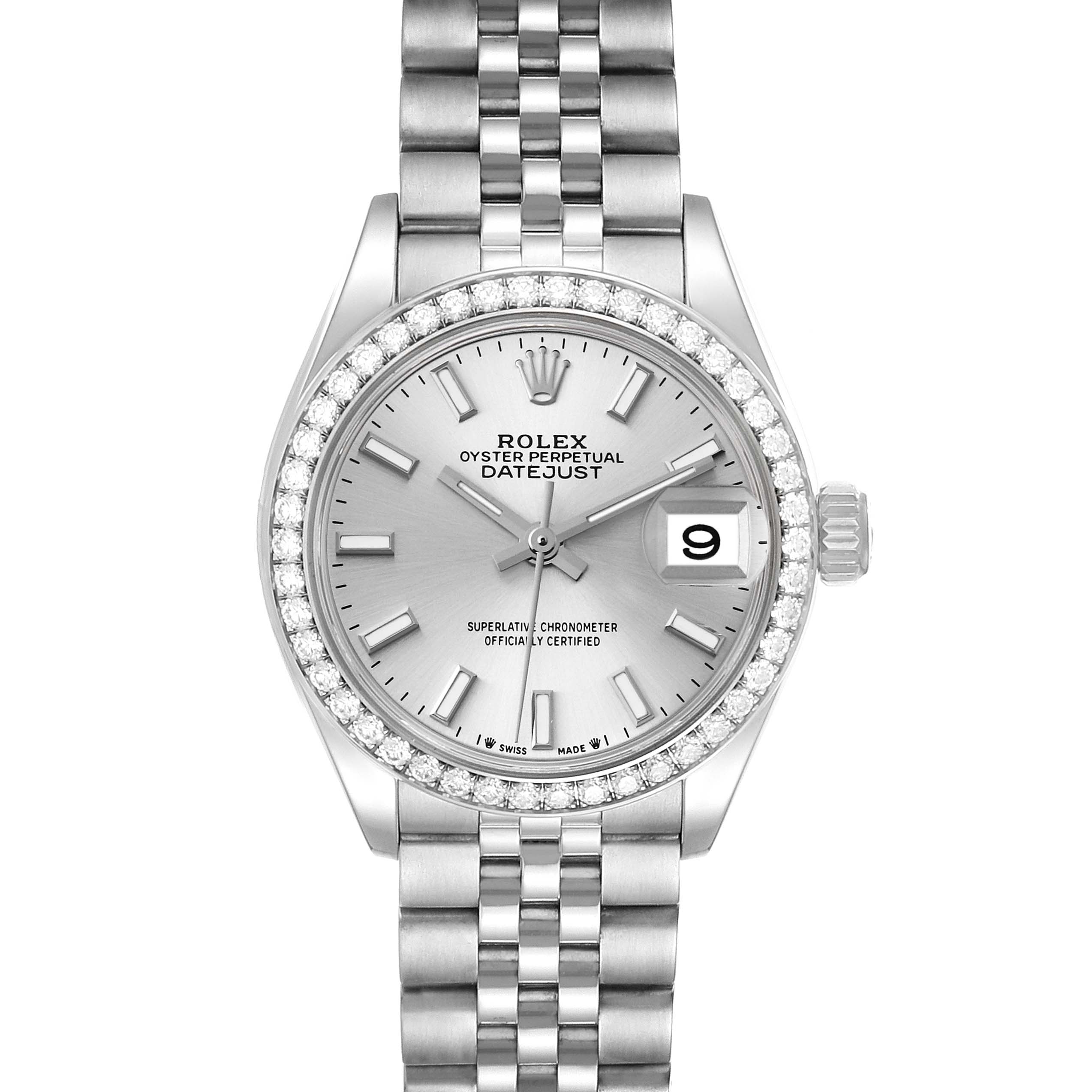 This image shows a full frontal view of a Rolex Datejust 279384RBR Women's Stainless Steel Silver Dial 279384RBR Women's Stainless Steel Silver Dial watch, including its face, bezel, and part of the bracelet.