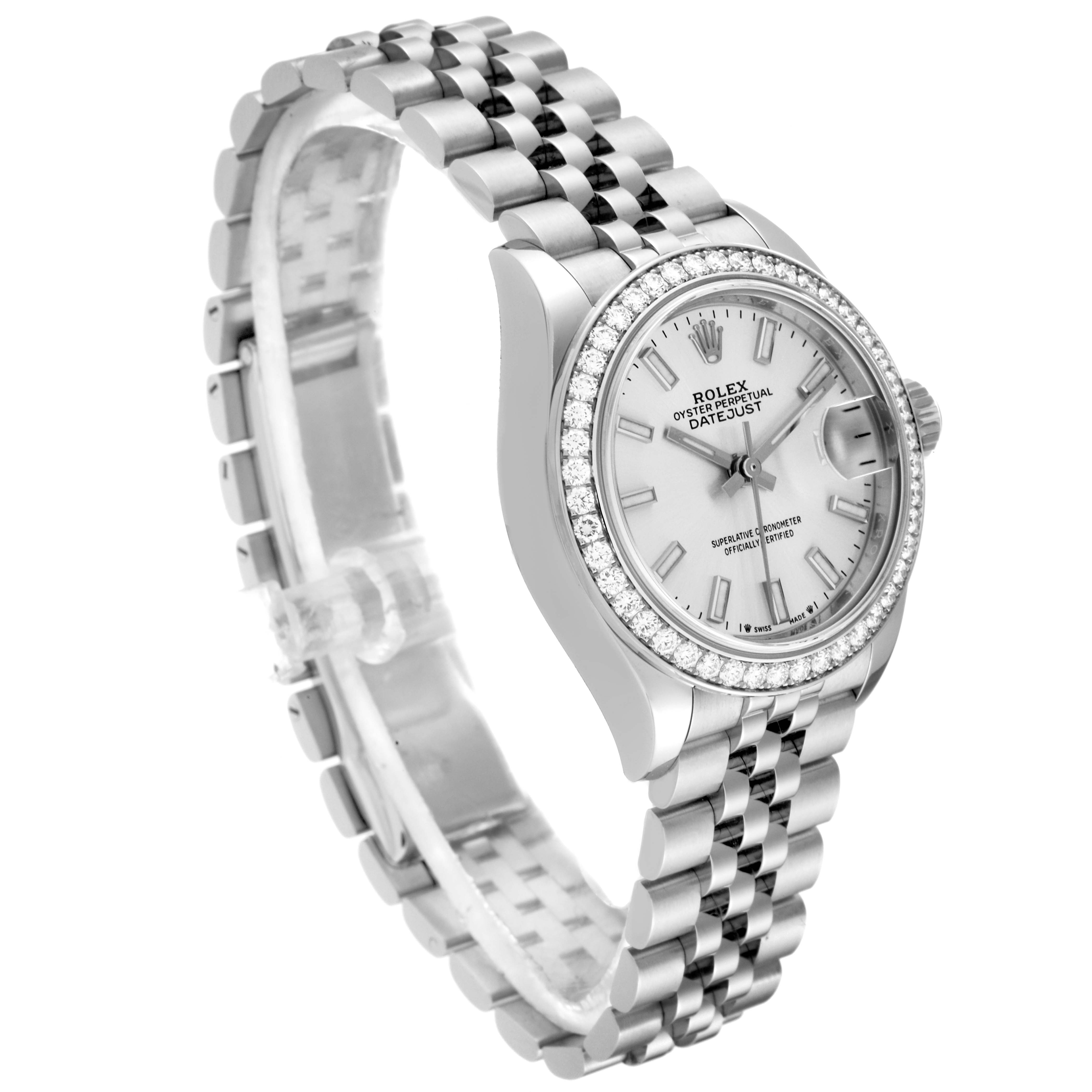 This image shows a Rolex Datejust 279384RBR Women's Stainless Steel Silver Dial 279384RBR Women's Stainless Steel Silver Dial watch angled from the top-left, highlighting its bezel, dial, and bracelet.