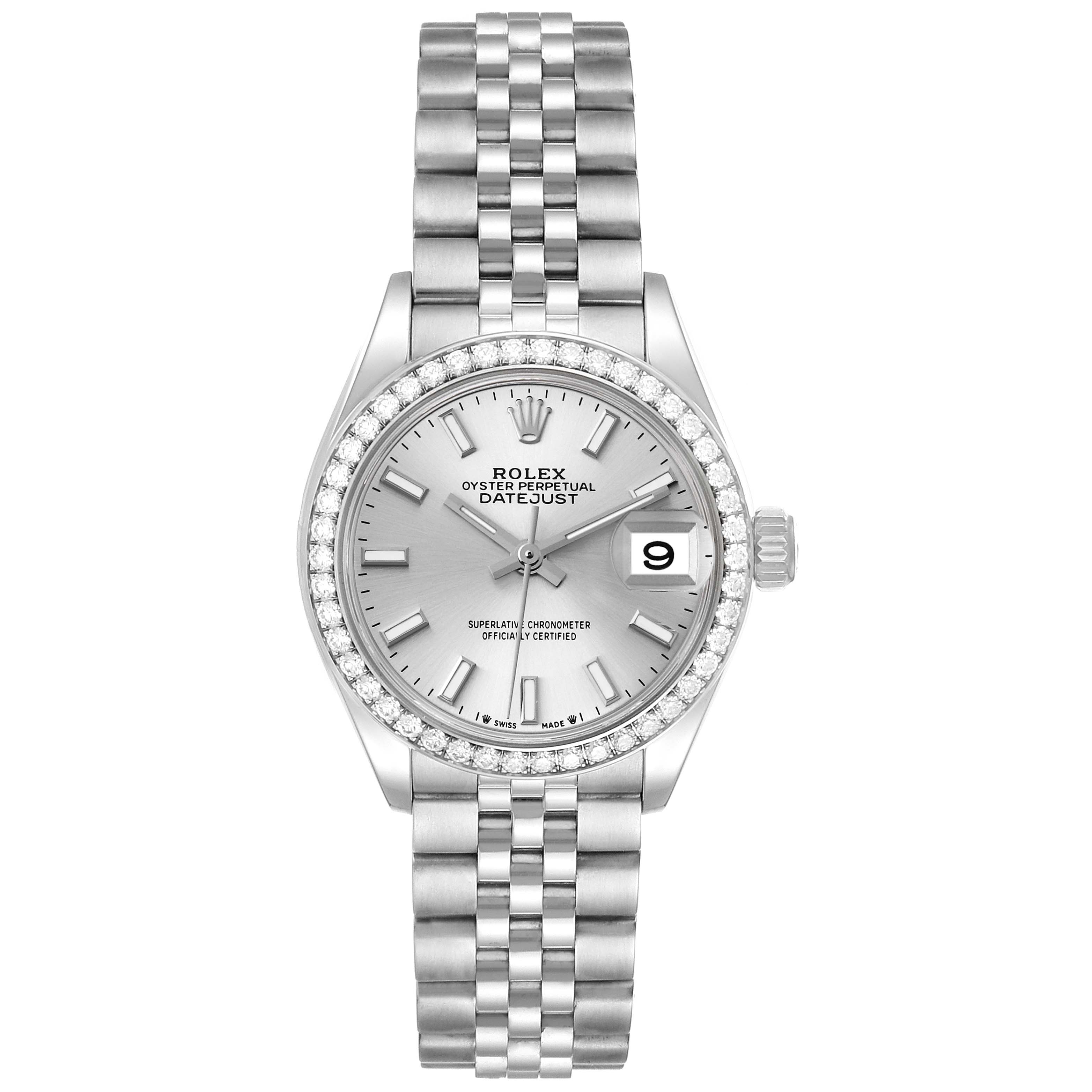 The image shows a front view of a Rolex Datejust 279384RBR Women's Stainless Steel Silver Dial 279384RBR Women's Stainless Steel Silver Dial watch, highlighting its dial, bezel, bracelet, and date window.