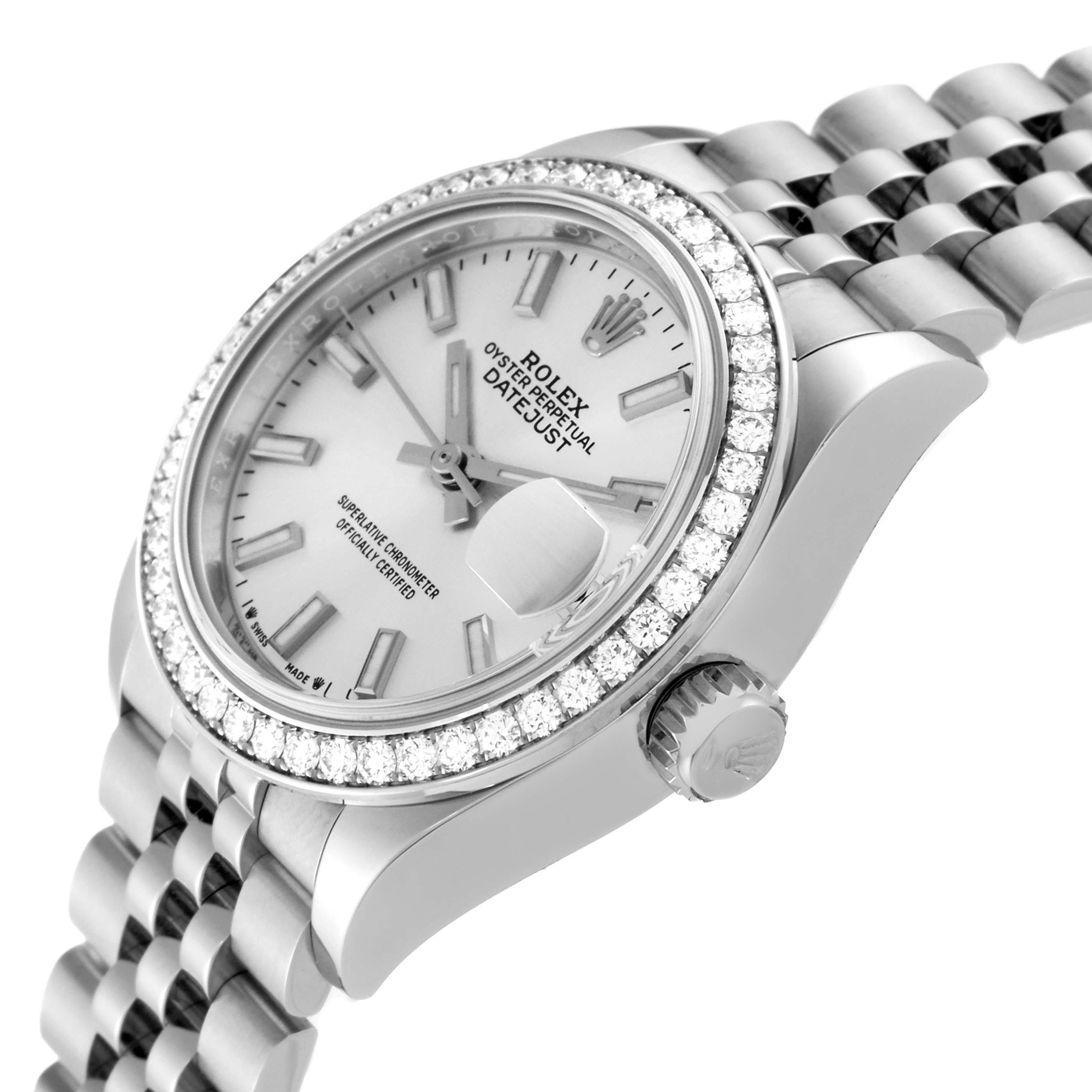 The image shows a side and front angle of a Rolex Datejust 279384RBR Women's Stainless Steel Silver Dial 279384RBR Women's Stainless Steel Silver Dial watch, highlighting its dial, crown, bezel with diamonds, and bracelet.