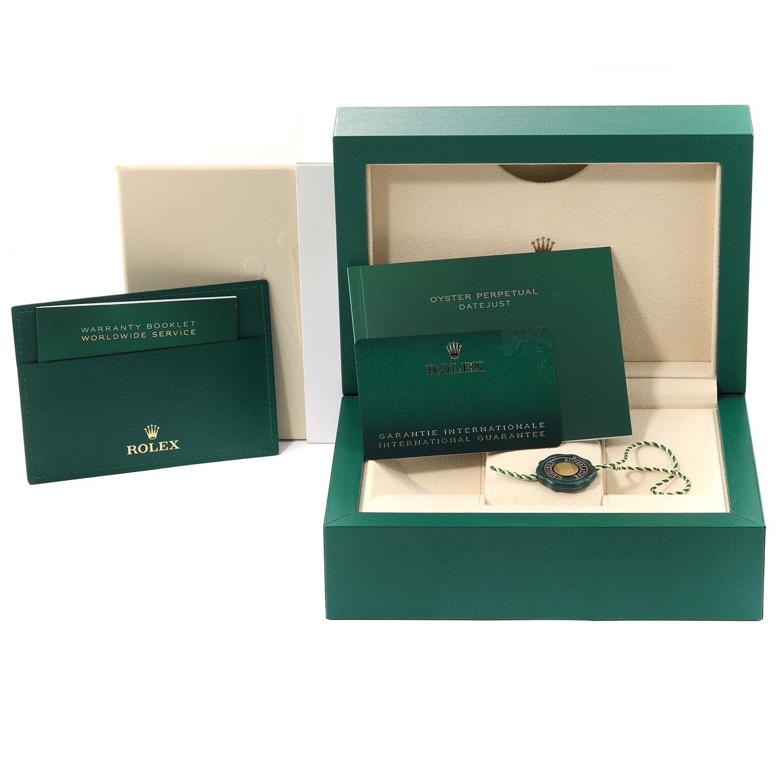 This image shows the packaging, warranty booklet, and guarantee card for the Rolex Datejust 279384RBR Women's Stainless Steel Silver Dial 279384RBR Women's Stainless Steel Silver Dial watch model.