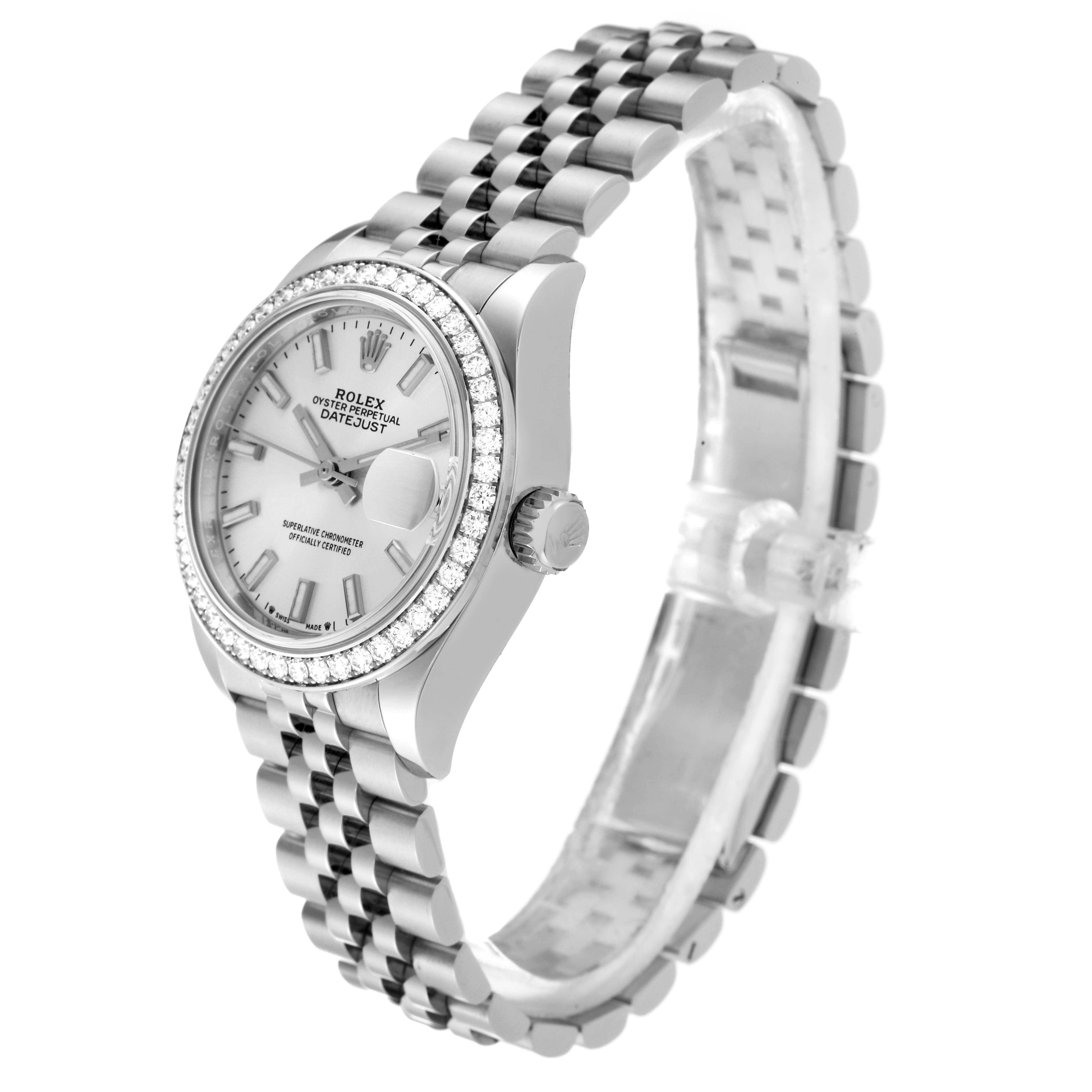 The image shows a side angle of a Rolex Datejust 279384RBR Women's Stainless Steel Silver Dial 279384RBR Women's Stainless Steel Silver Dial watch, highlighting its face, bezel, crown, and bracelet.
