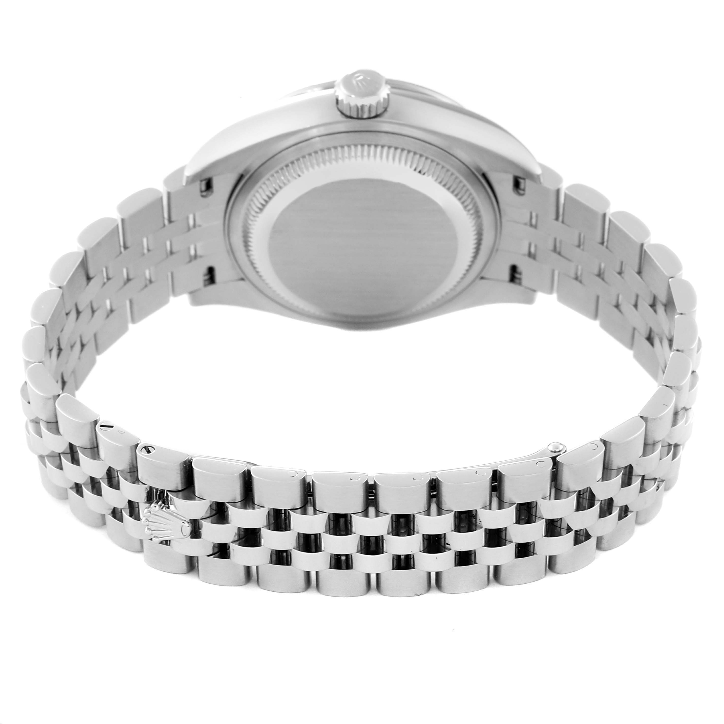 This image shows the backside and bracelet of a Rolex Datejust 279384RBR Women's Stainless Steel Silver Dial 279384RBR Women's Stainless Steel Silver Dial watch, featuring a stainless steel case and Jubilee bracelet.