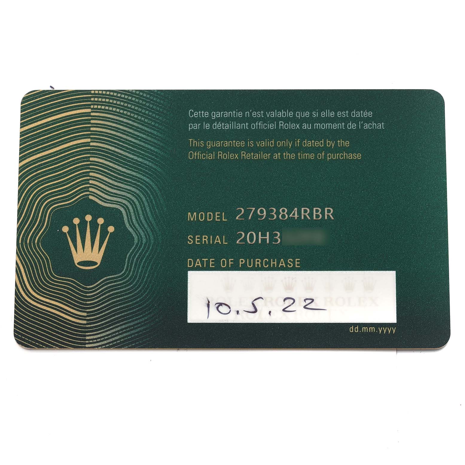 The image shows a warranty card for the Rolex Datejust 279384RBR Women's Stainless Steel Silver Dial 279384RBR Women's Stainless Steel Silver Dial model 279384RBR with serial 20H3 and a purchase date of 10.5.22.