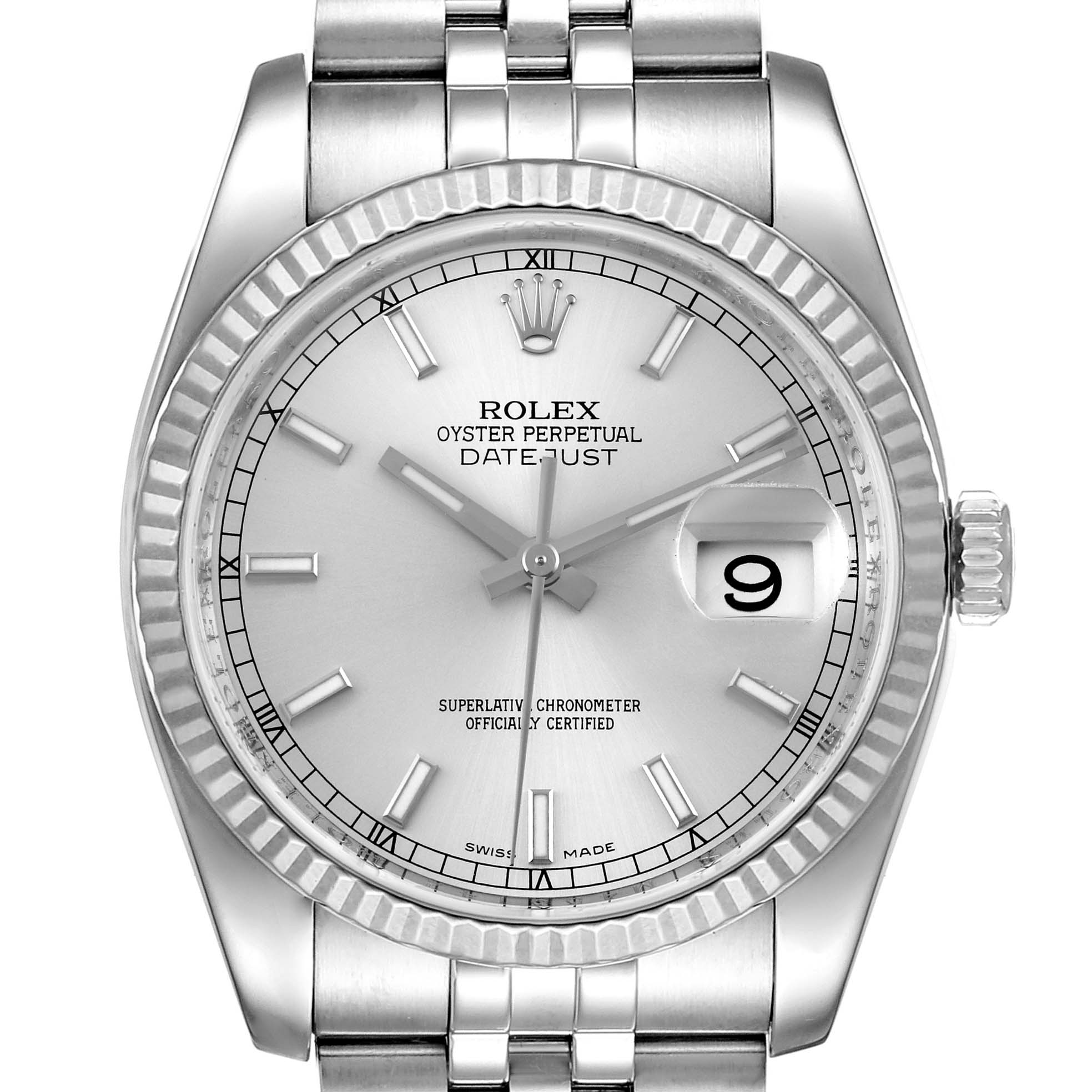 This image shows a frontal view of the Rolex Datejust 116234 Men's Stainless Steel Silver Dial 116234 Men's Stainless Steel Silver Dial watch, highlighting the dial, bezel, crown, and bracelet.