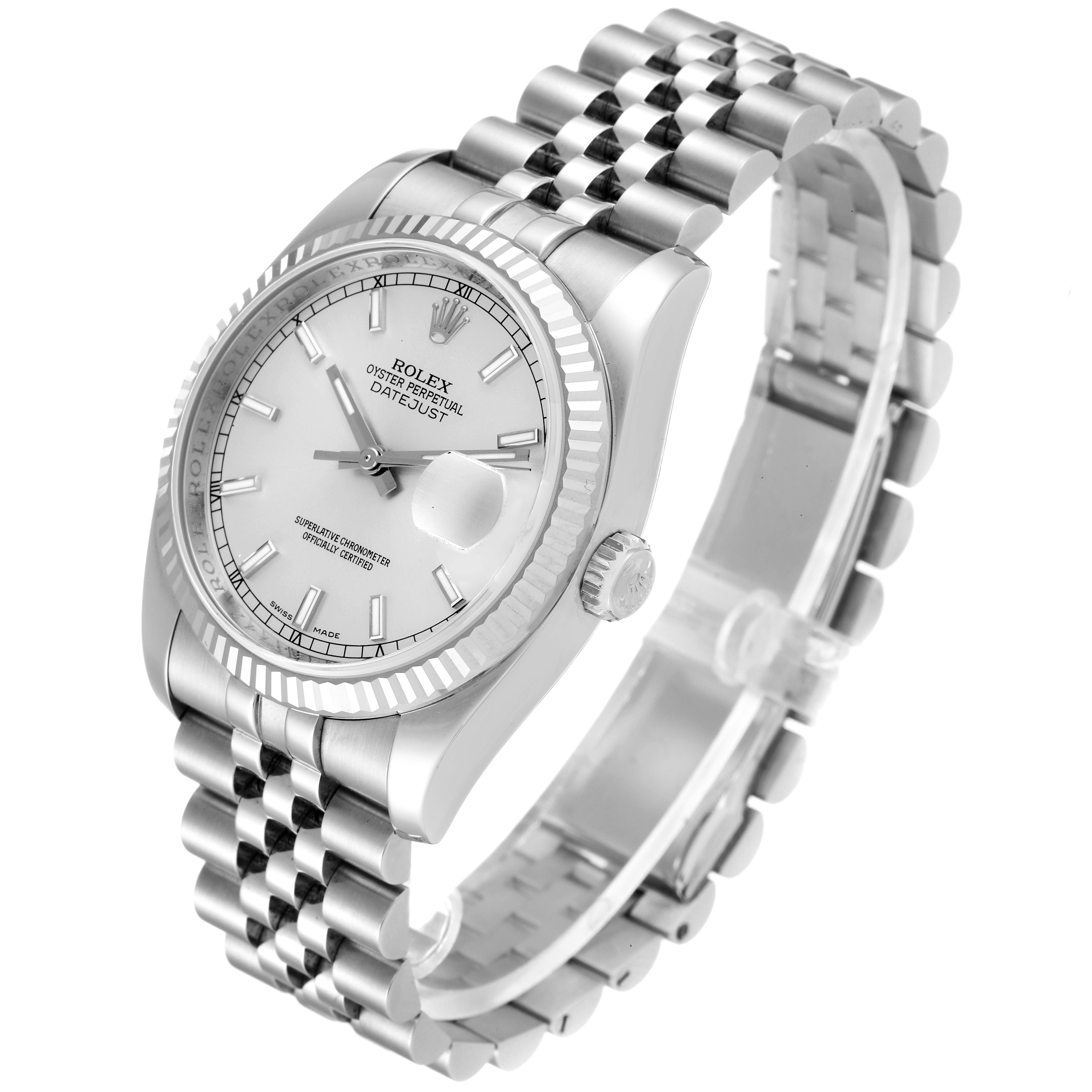 This image showcases a Rolex Datejust 116234 Men's Stainless Steel Silver Dial 116234 Men's Stainless Steel Silver Dial watch, including the face, dial, bezel, crown, and bracelet, viewed at an angled perspective.