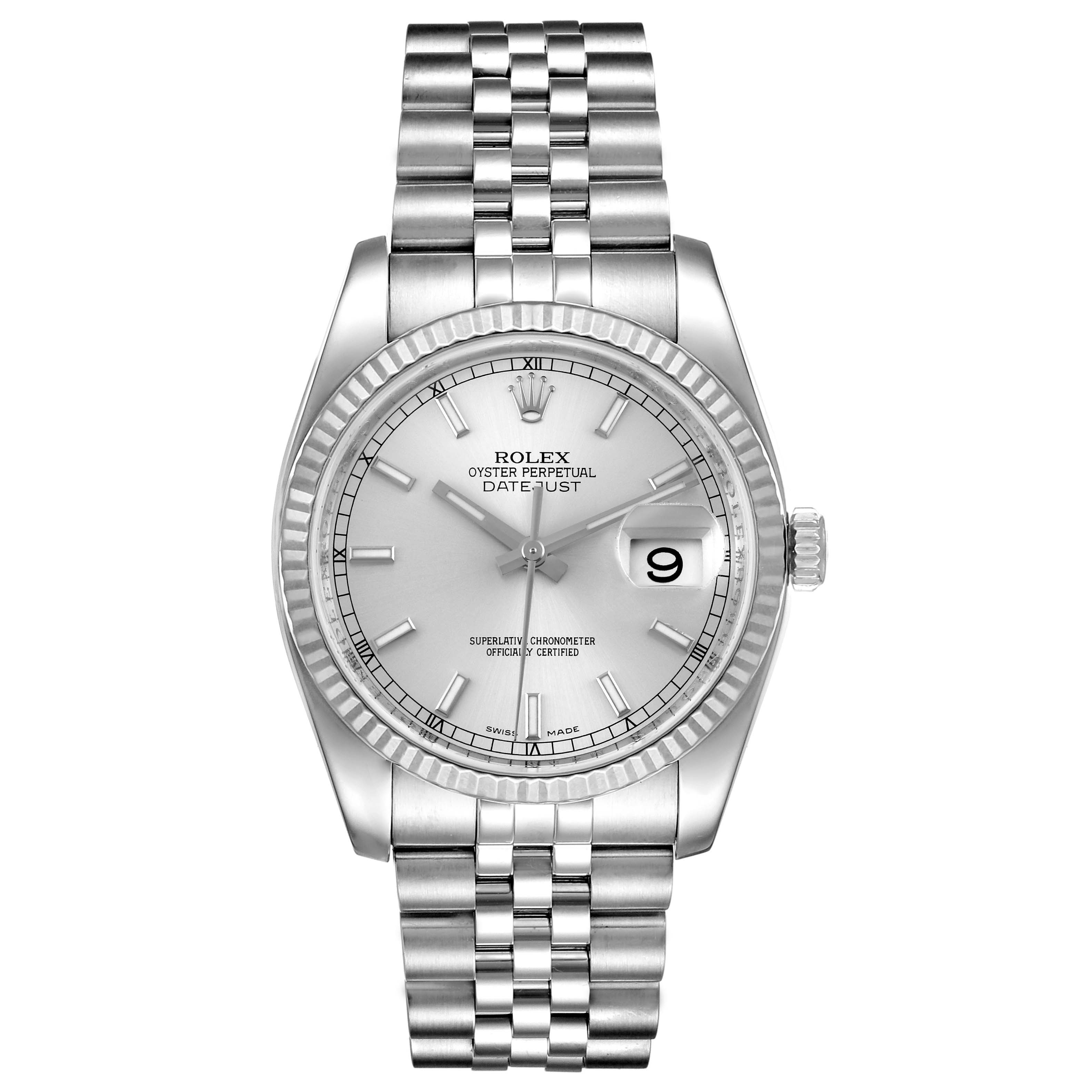This is a frontal view of the Rolex Datejust 116234 Men's Stainless Steel Silver Dial 116234 Men's Stainless Steel Silver Dial watch showcasing its dial, bezel, case, and bracelet.