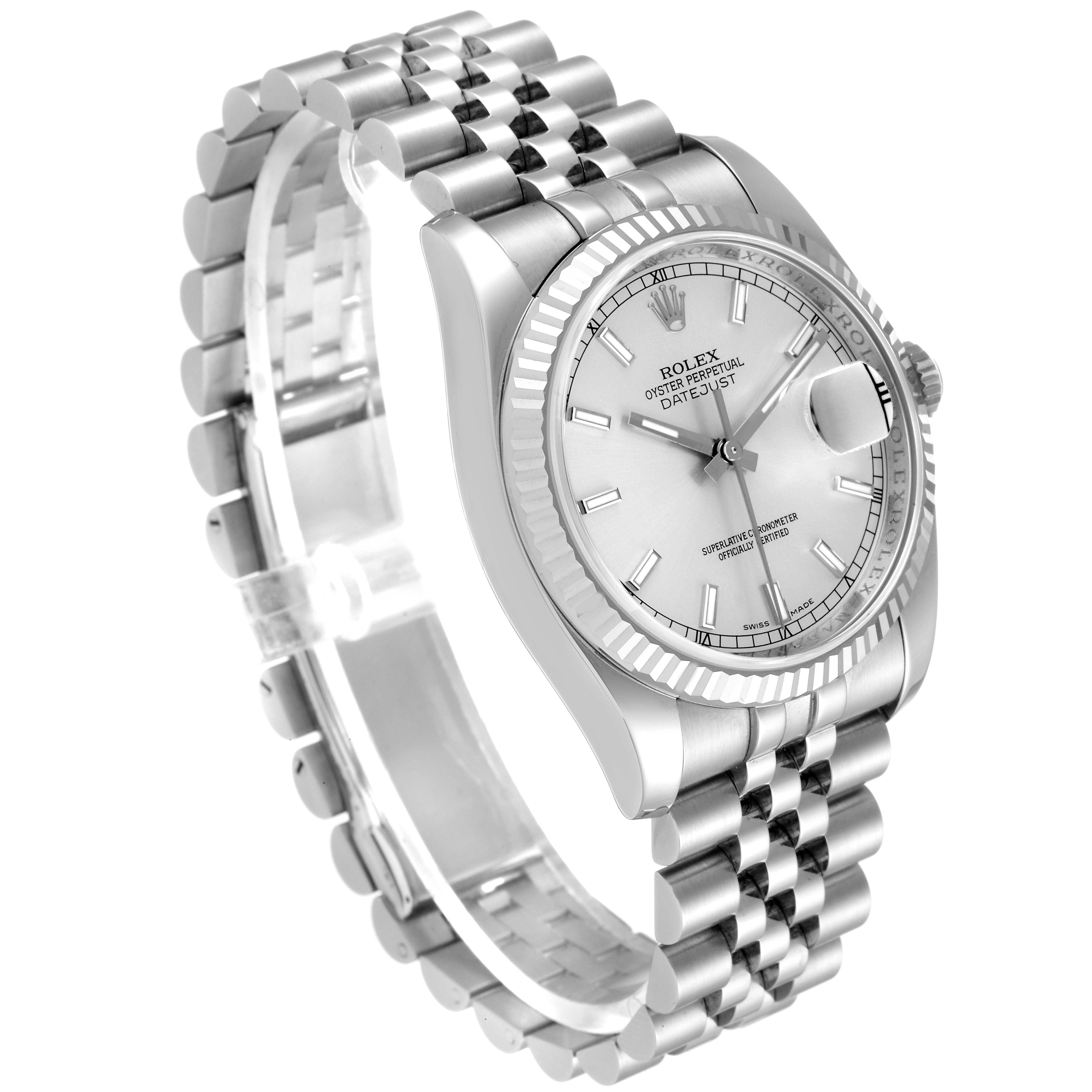This image shows the Rolex Datejust 116234 Men's Stainless Steel Silver Dial 116234 Men's Stainless Steel Silver Dial watch at an angle highlighting the dial, fluted bezel, and Jubilee bracelet.