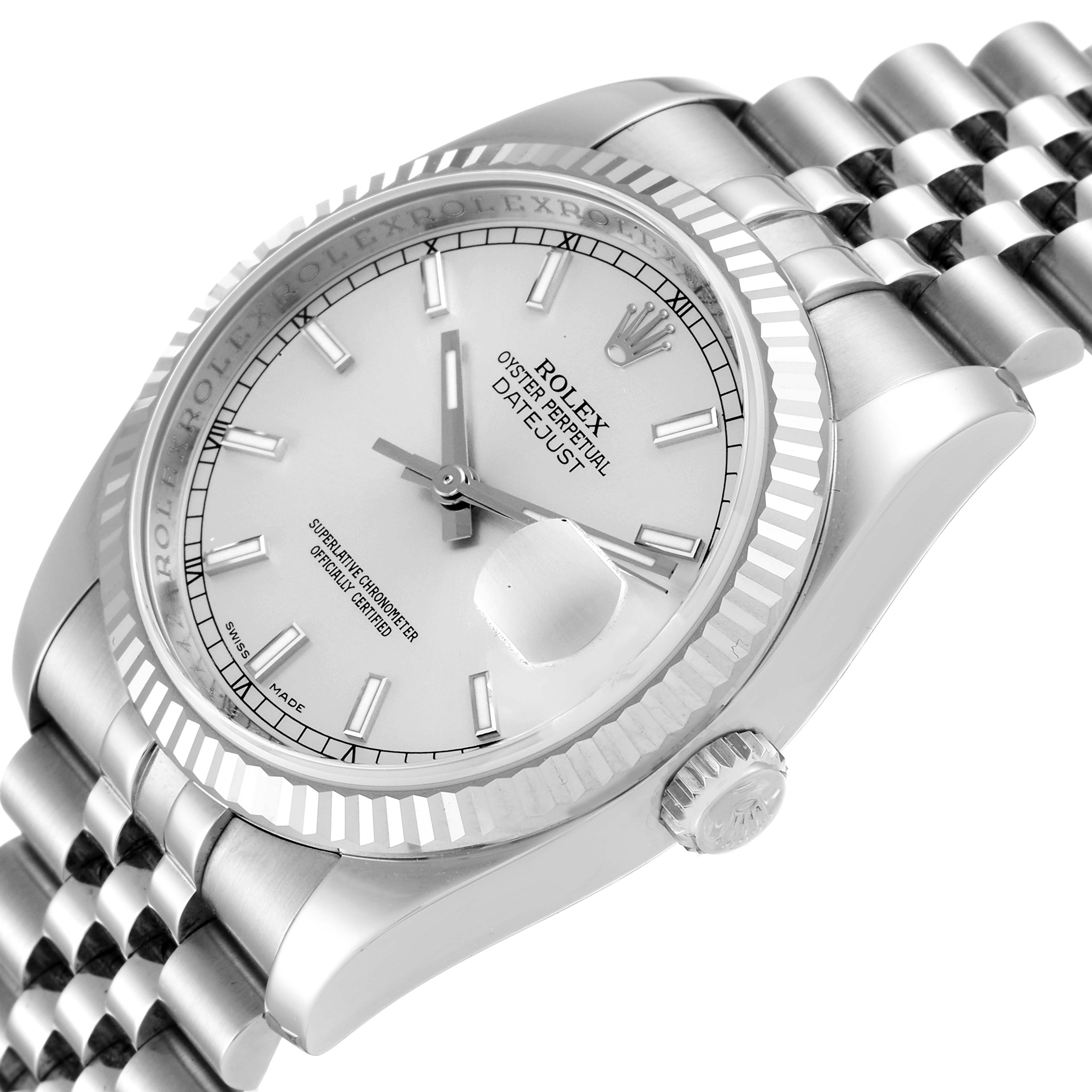 The image shows a side angle of a Rolex Datejust 116234 Men's Stainless Steel Silver Dial 116234 Men's Stainless Steel Silver Dial watch, highlighting the dial, fluted bezel, crown, and part of the Jubilee bracelet.