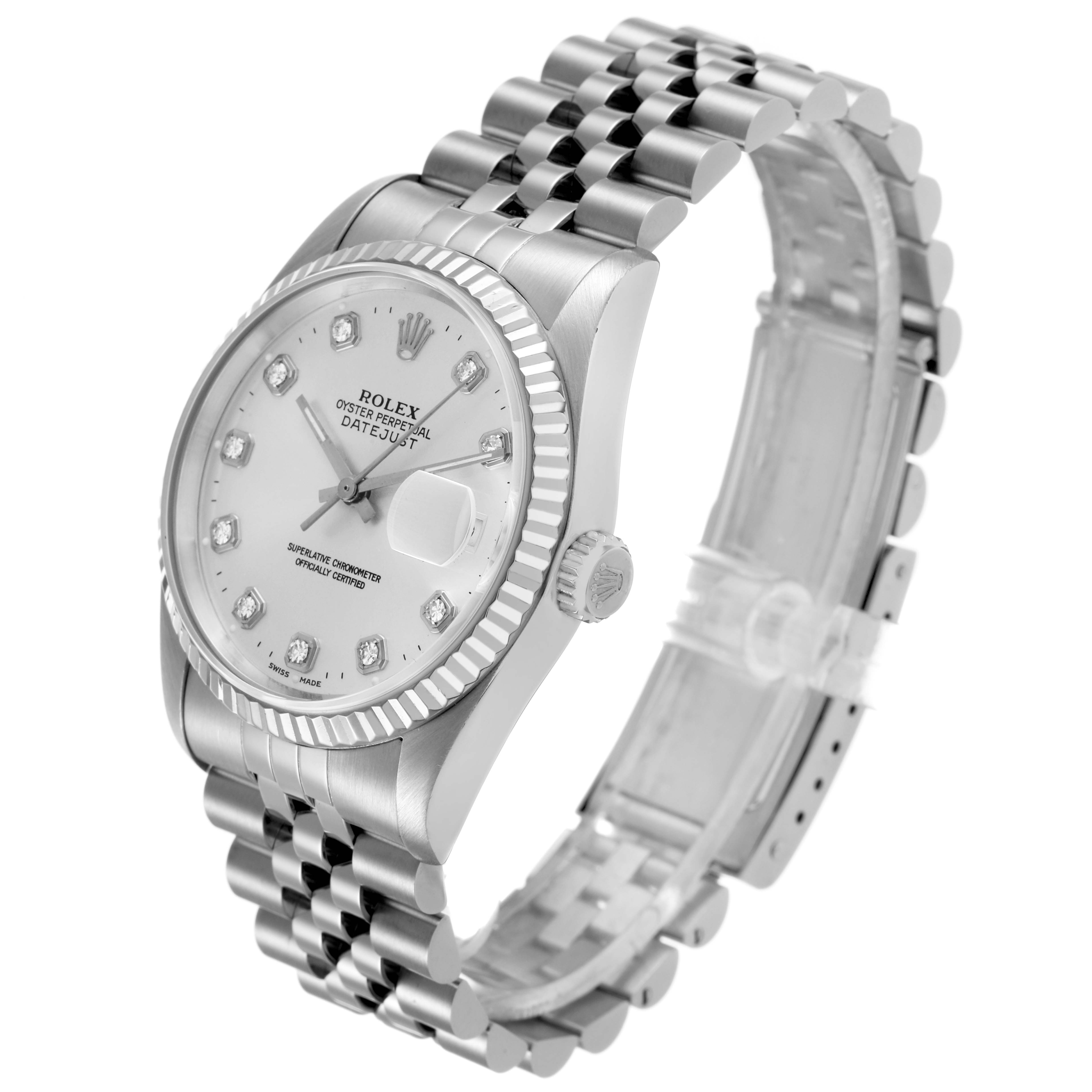The Rolex Datejust 16234 Men's Stainless Steel Silver Dial watch is shown at a three-quarter angle, highlighting the face, fluted bezel, and Jubilee bracelet.