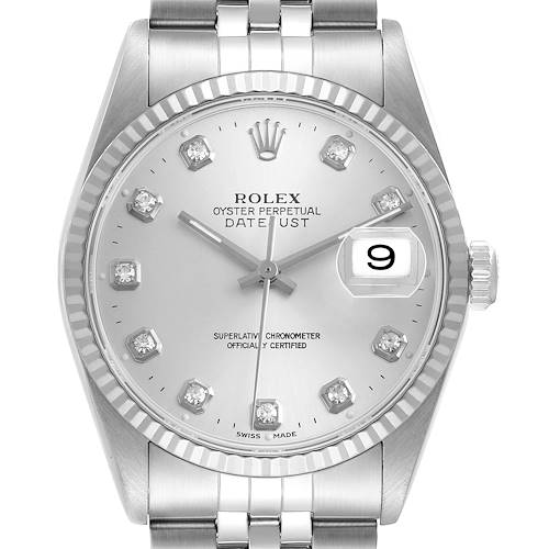 The Rolex Datejust 16234 Men's Stainless Steel Silver Dial watch is shown from the front, displaying its dial, hands, date window, and part of the bracelet.