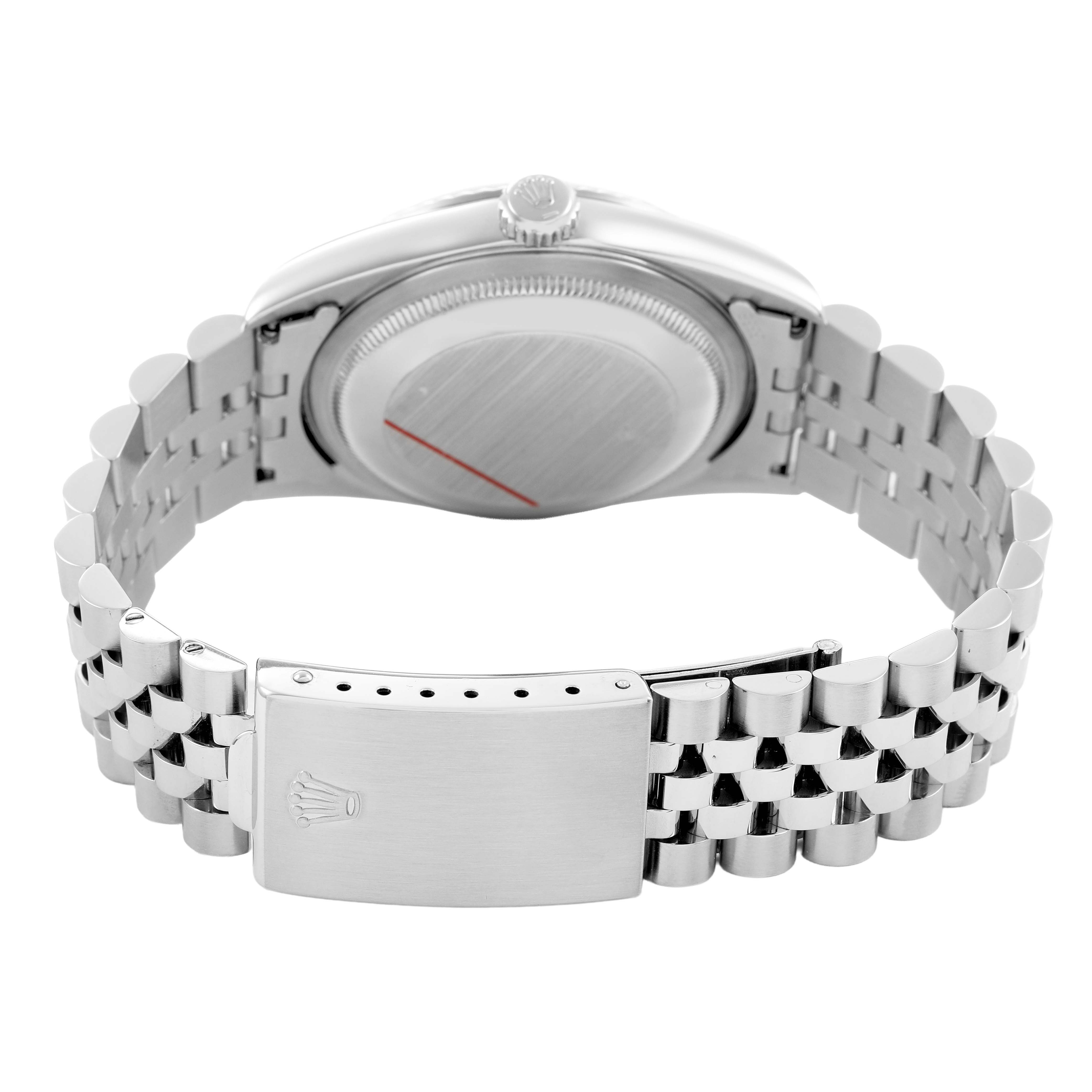 The image shows the back of a Rolex Datejust 16234 Men's Stainless Steel Silver Dial, highlighting the case back, bracelet, and clasp.
