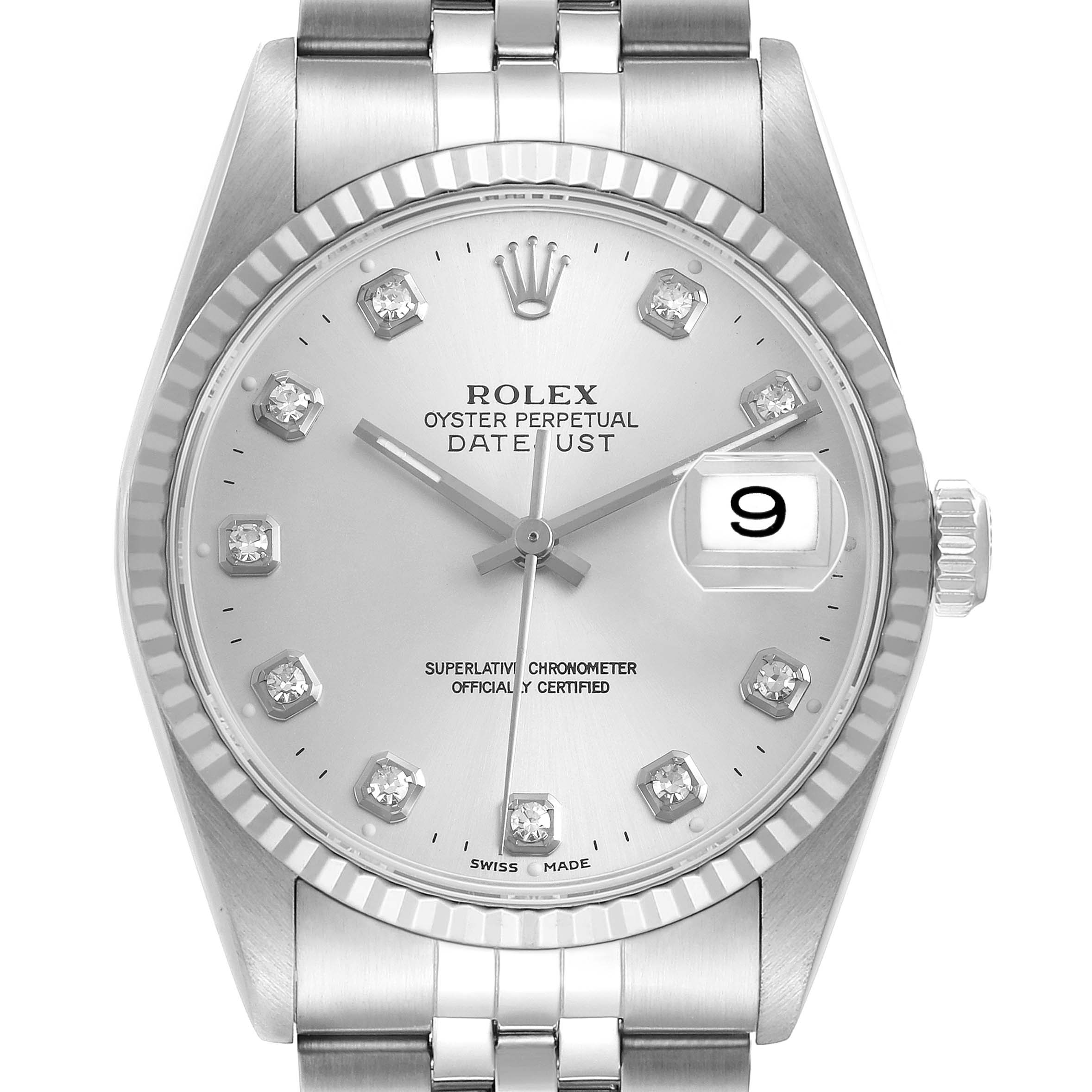 The Rolex Datejust 16234 Men's Stainless Steel Silver Dial watch is shown from the front, highlighting the dial, bezel, crown, and part of the bracelet.