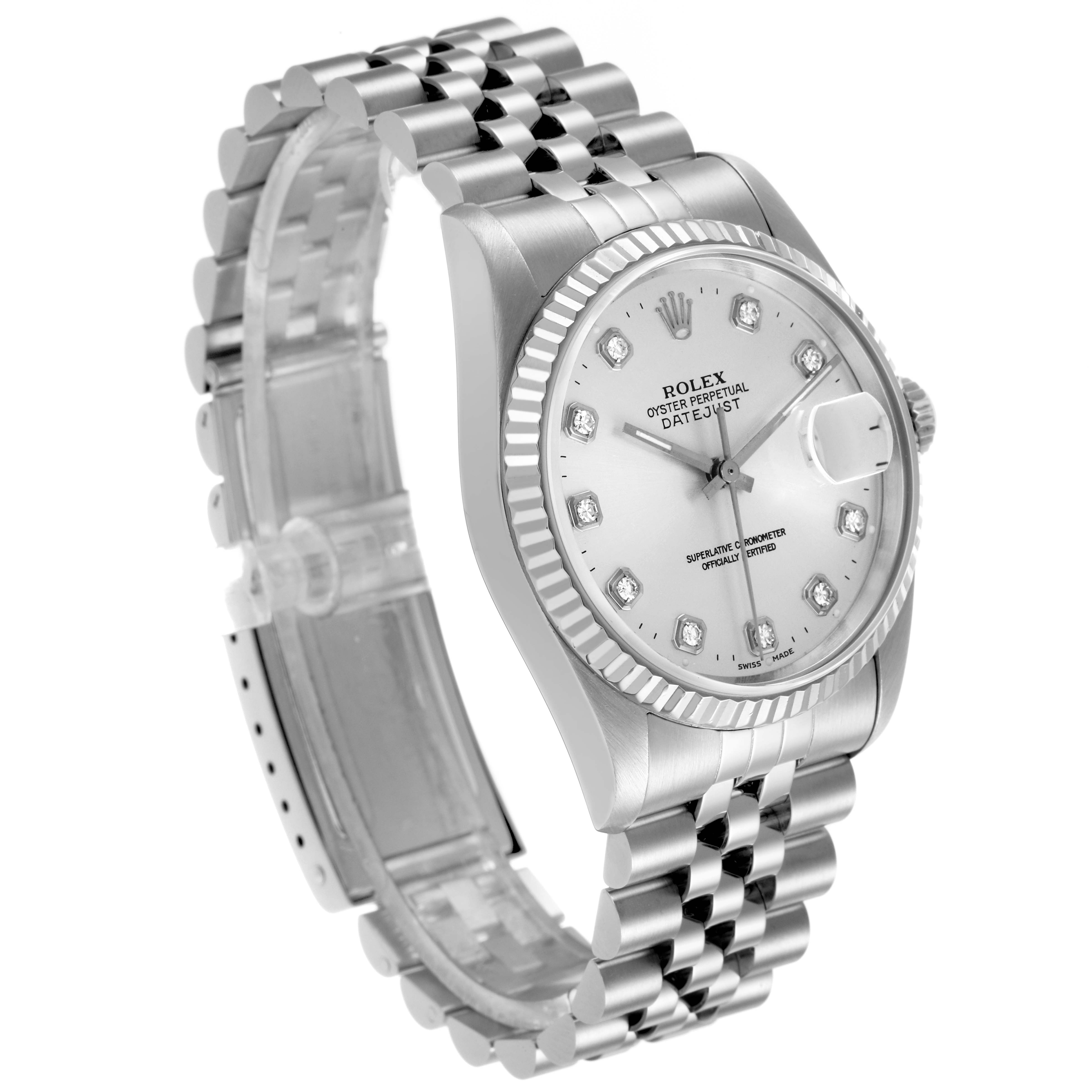 The Rolex Datejust 16234 Men's Stainless Steel Silver Dial watch is shown at a three-quarter angle, highlighting the face, dial, and Jubilee bracelet.