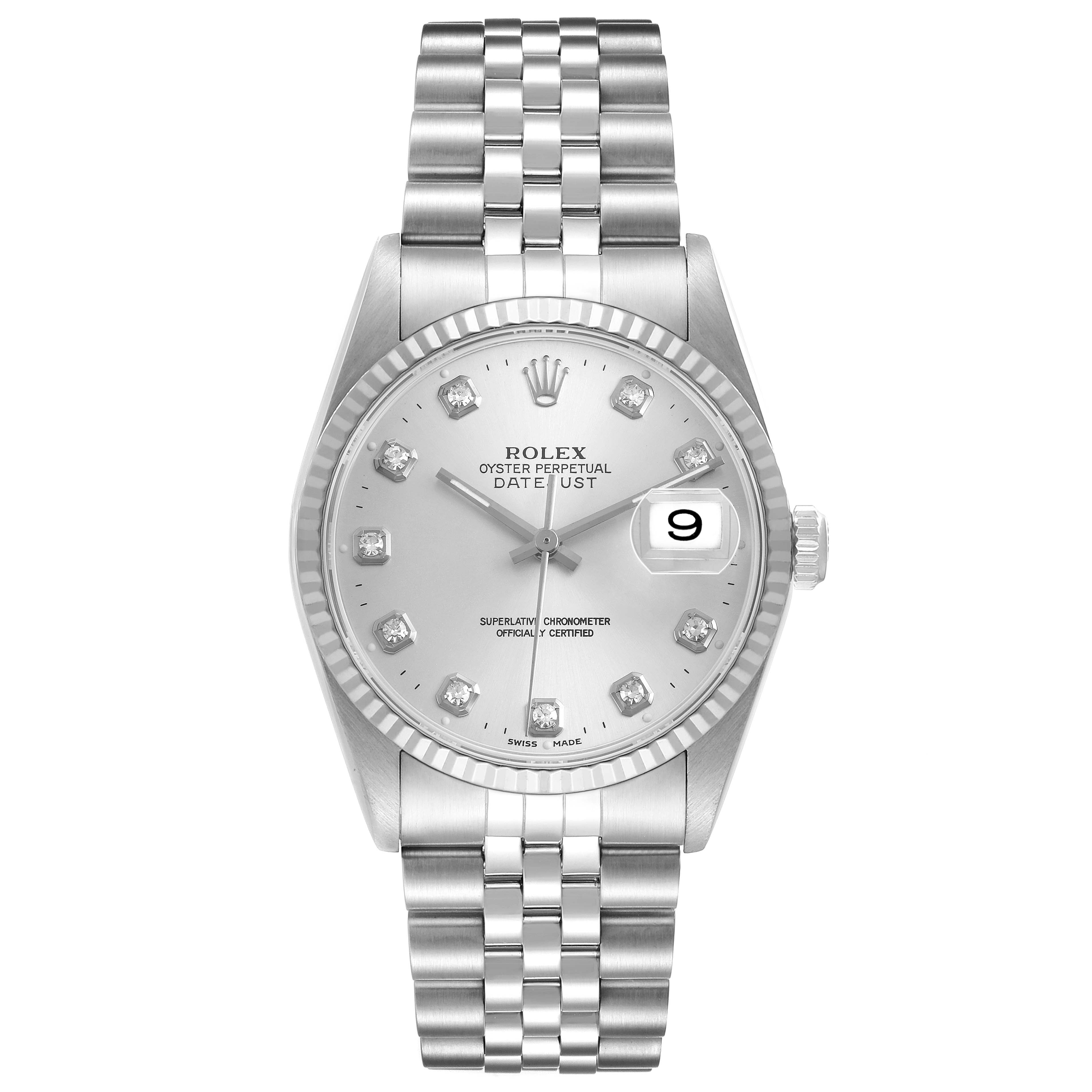 The Rolex Datejust 16234 Men's Stainless Steel Silver Dial watch is shown from a front angle, displaying the face, bezel, bracelet, and cyclops lens over the date.