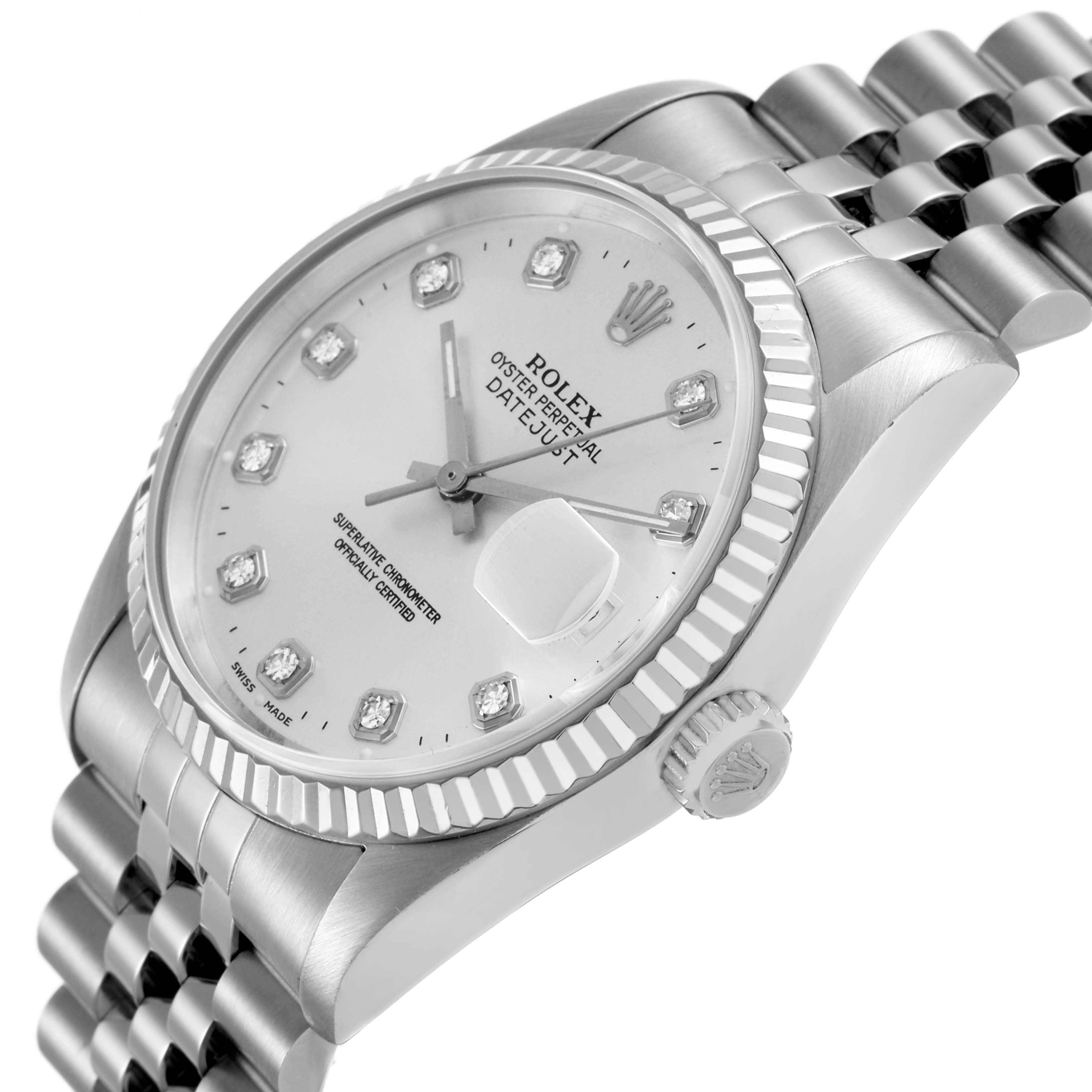 The Rolex Datejust 16234 Men's Stainless Steel Silver Dial watch is shown at an angled side view, highlighting the dial, fluted bezel, and crown.