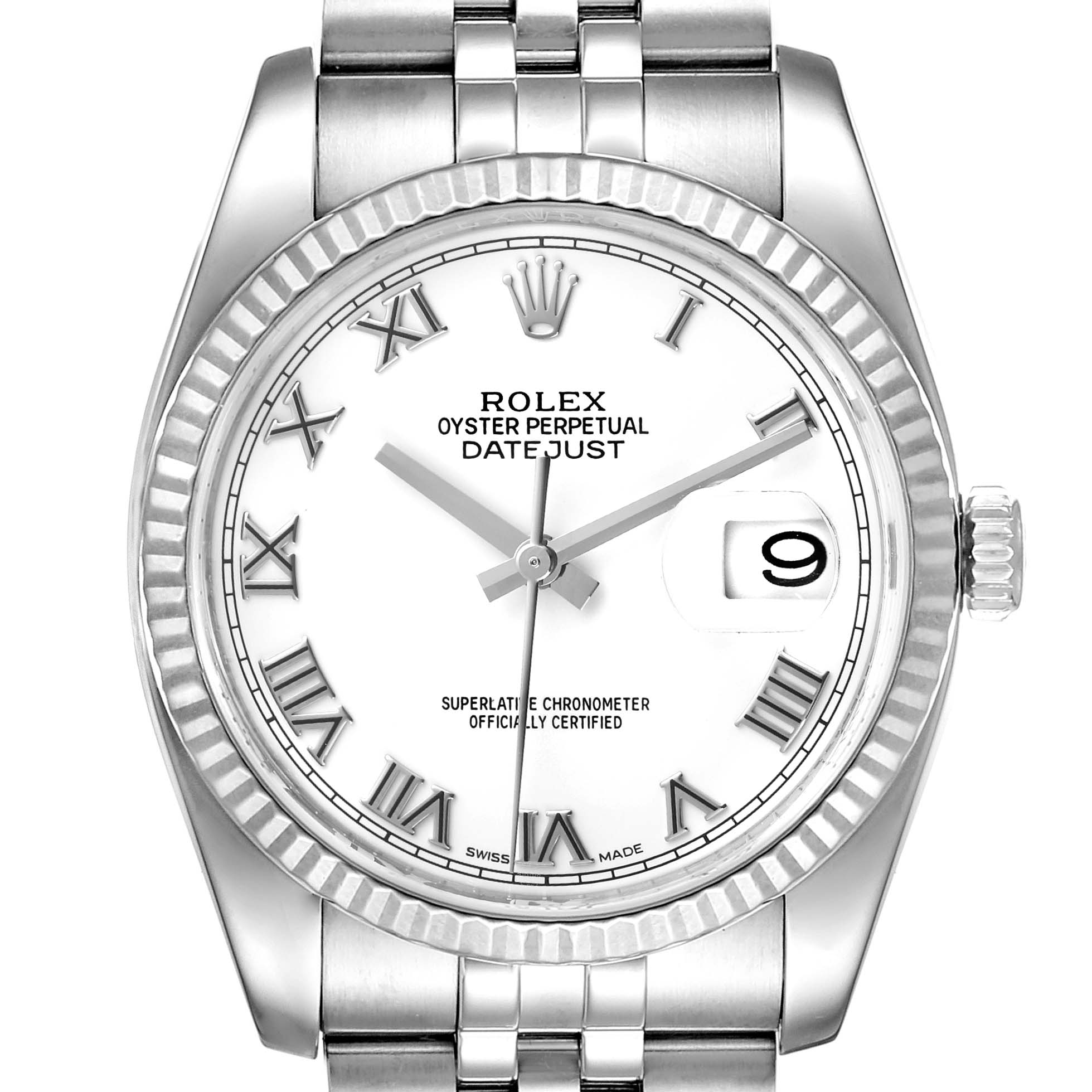 This is a frontal view of the Rolex Datejust 116234 Men
s Stainless Steel White Dial 116234 Men
s Stainless Steel White Dial watch, showing the dial, bezel, crown, and part of the bracelet.