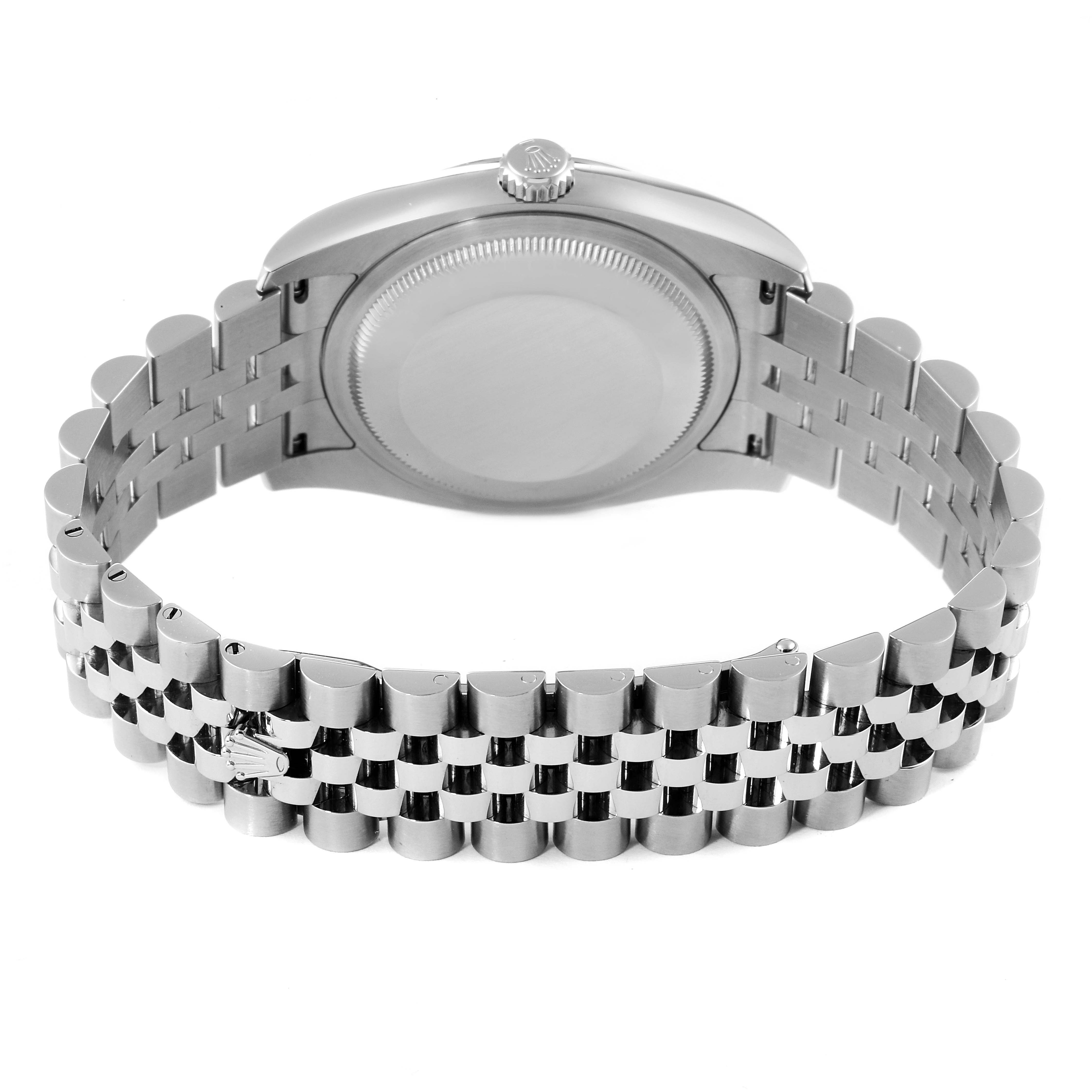 The image shows the back view of a Rolex Datejust 116234 Men
s Stainless Steel White Dial 116234 Men
s Stainless Steel White Dial watch, highlighting the case and bracelet.
