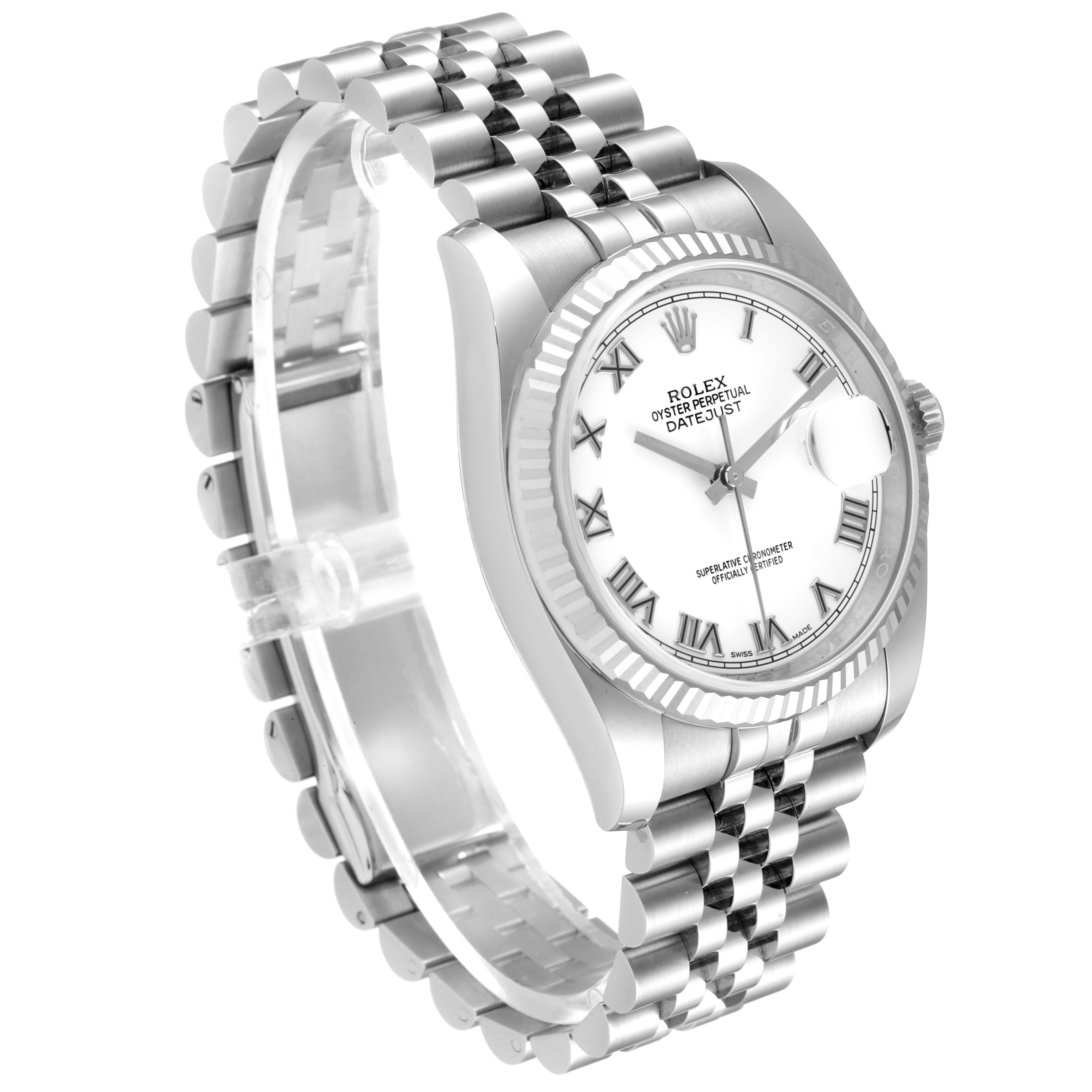 The Rolex Datejust 116234 Men
s Stainless Steel White Dial 116234 Men
s Stainless Steel White Dial watch is shown at an angled view, highlighting the face, fluted bezel, and jubilee bracelet.