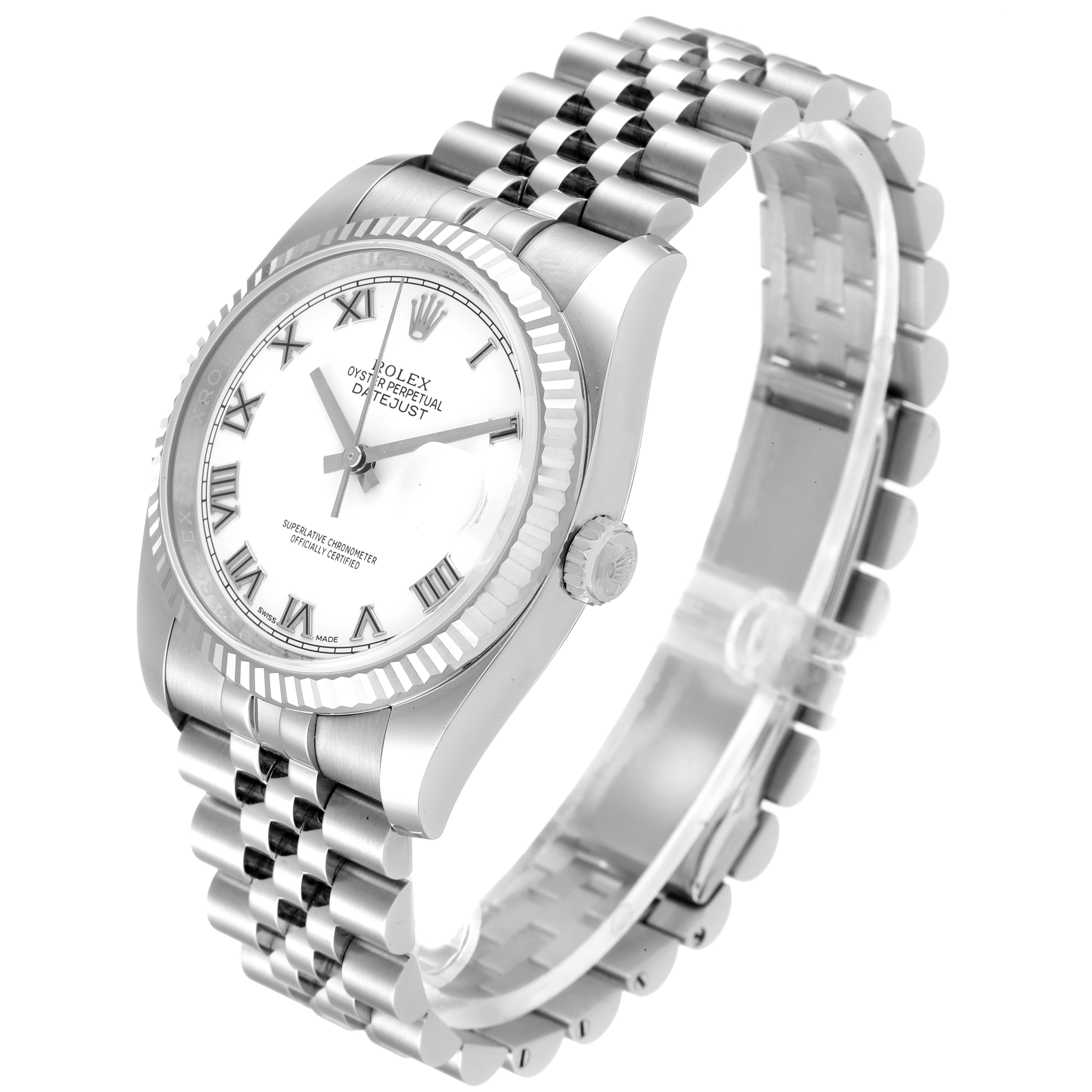The Rolex Datejust 116234 Men
s Stainless Steel White Dial 116234 Men
s Stainless Steel White Dial watch is shown from an angled view, highlighting the face, bezel, crown, and jubilee bracelet.